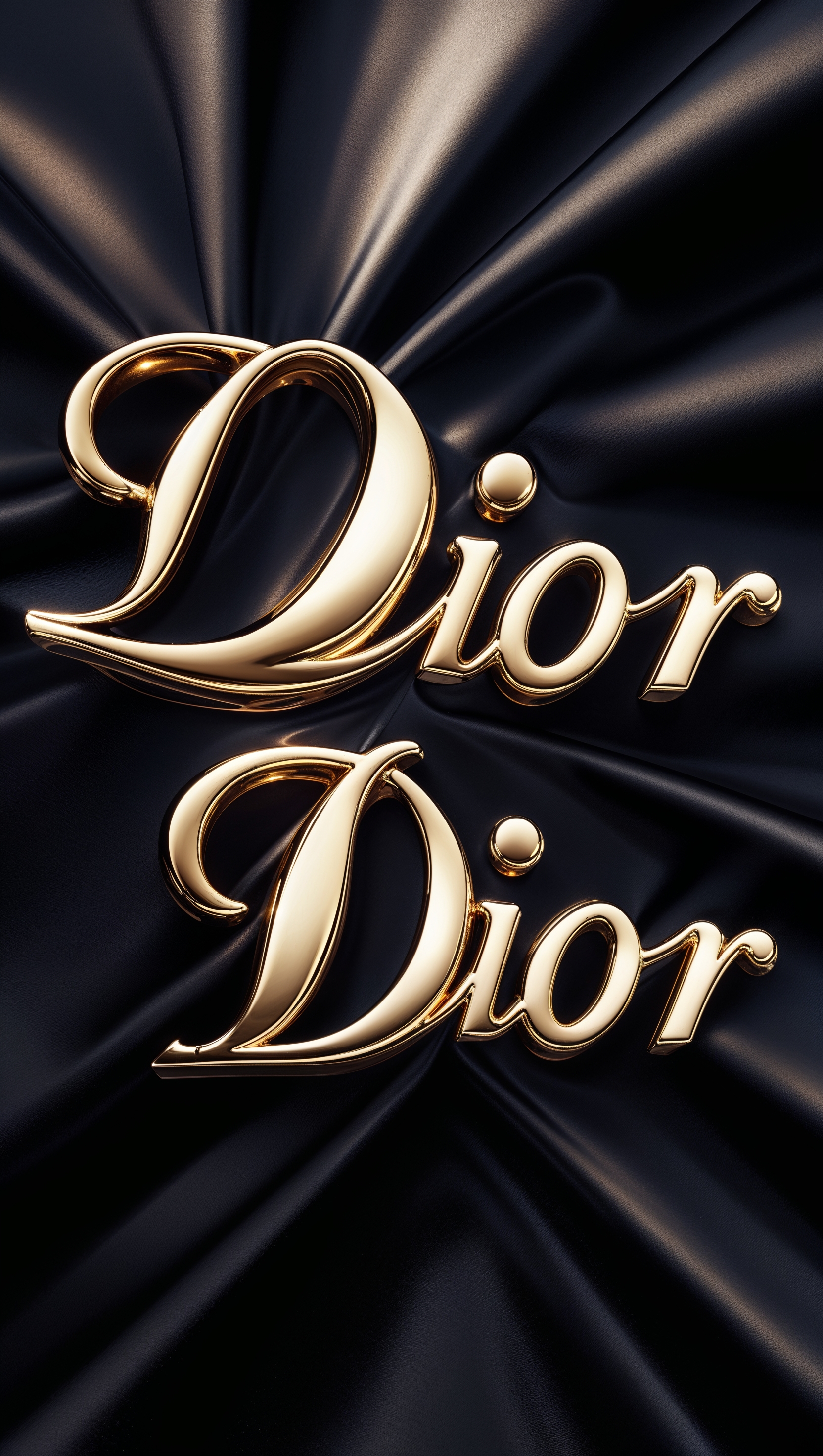 Shiny gold Dior text on a velvet black background, luxury fashion iPhone wallpaper