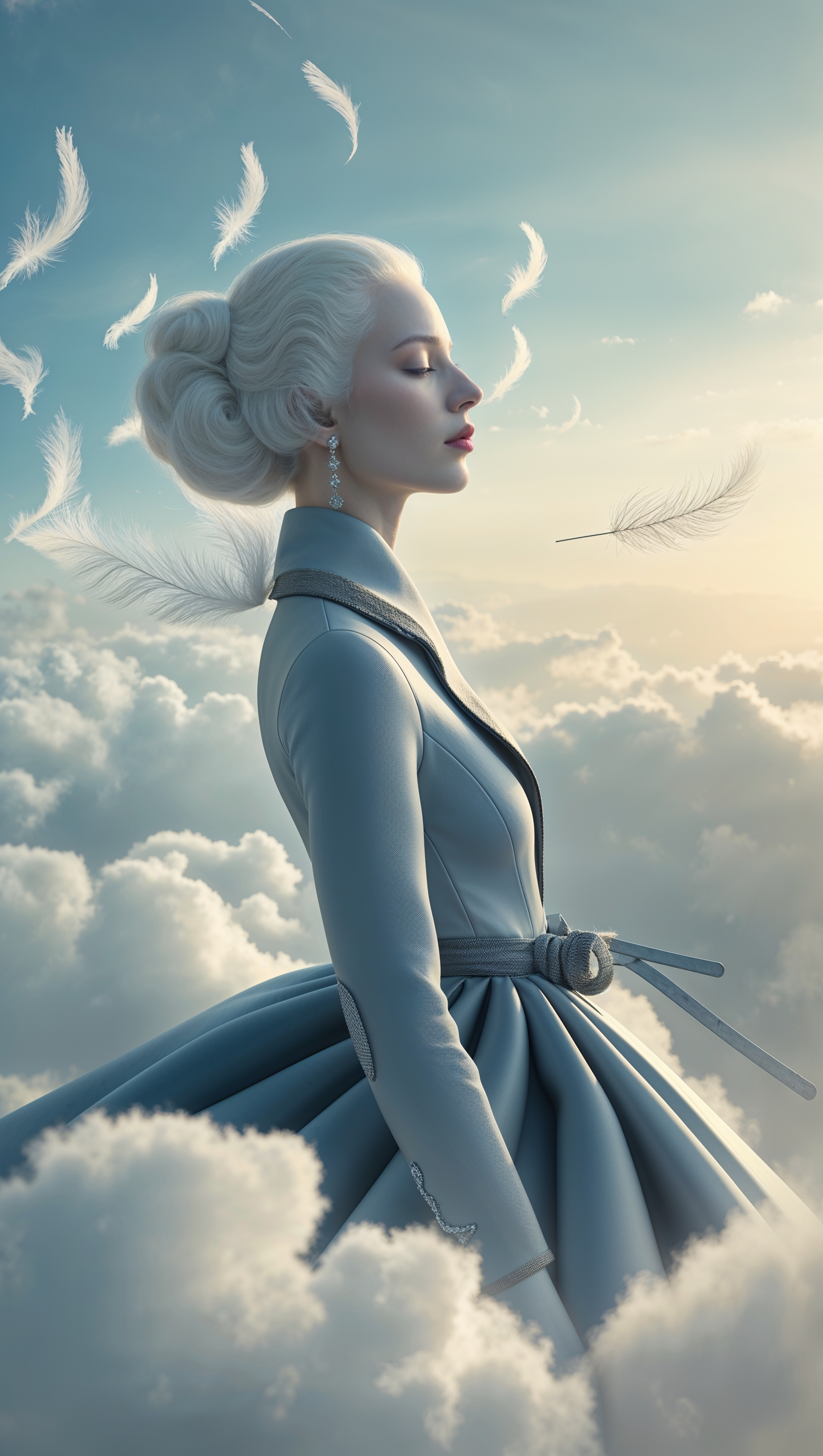 Dior floating in the clouds, dreamy and angelic background
