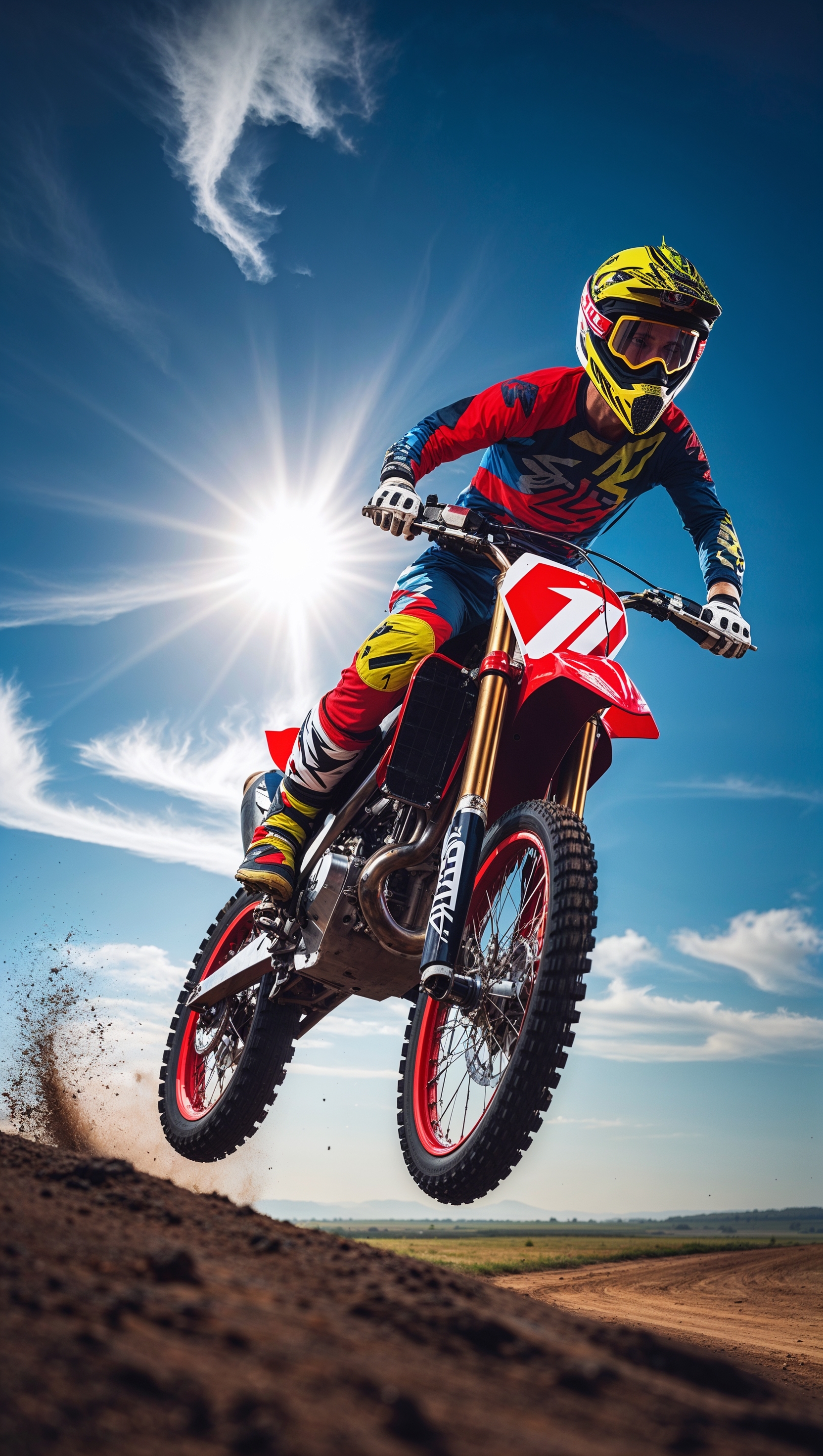 A dirt bike jumping in open air with a clear sky, for an iPhone wallpaper