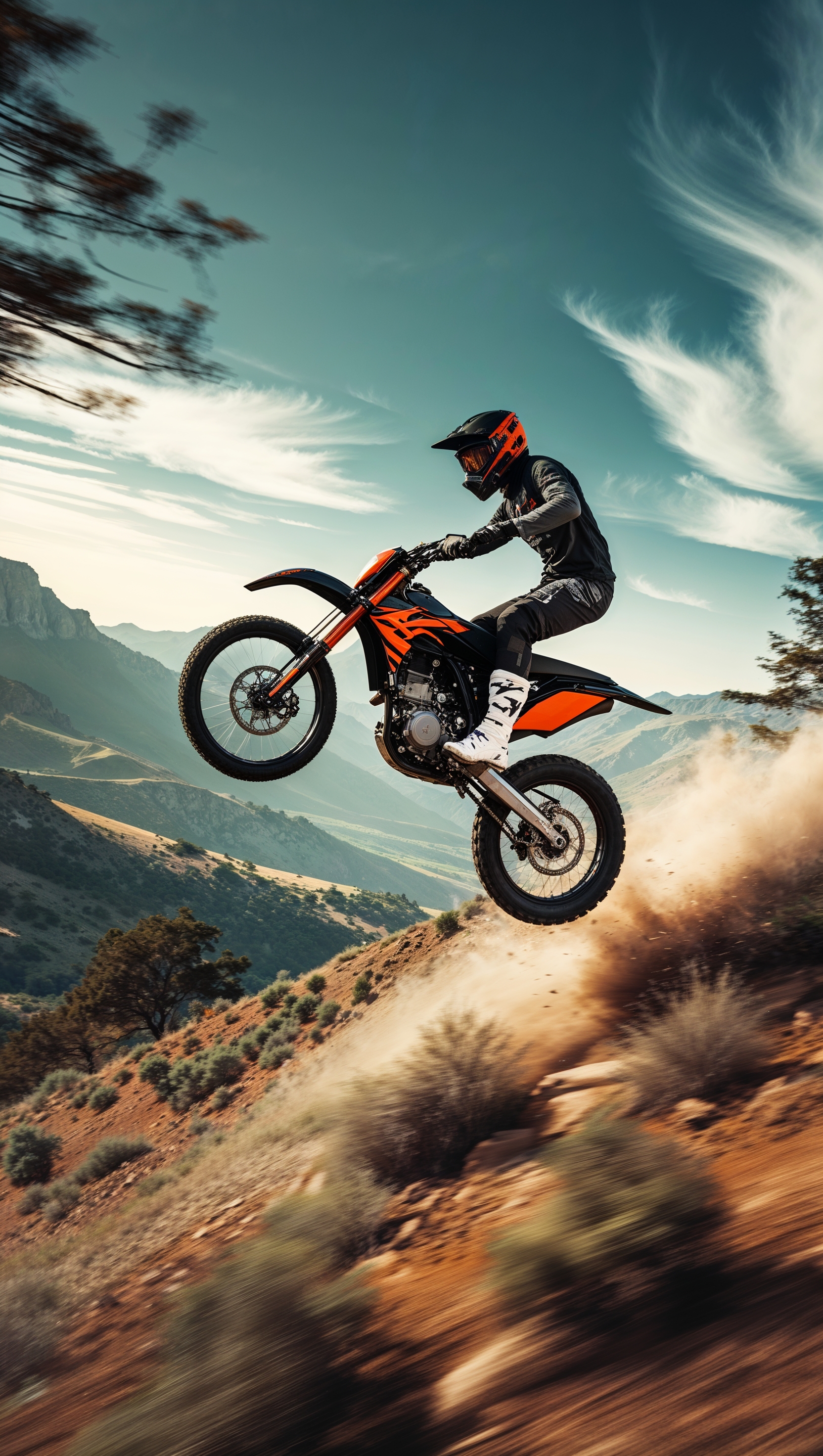 An image of a dirt bike jumping over a hill in a mountainous landscape, for an iPhone wallpaper