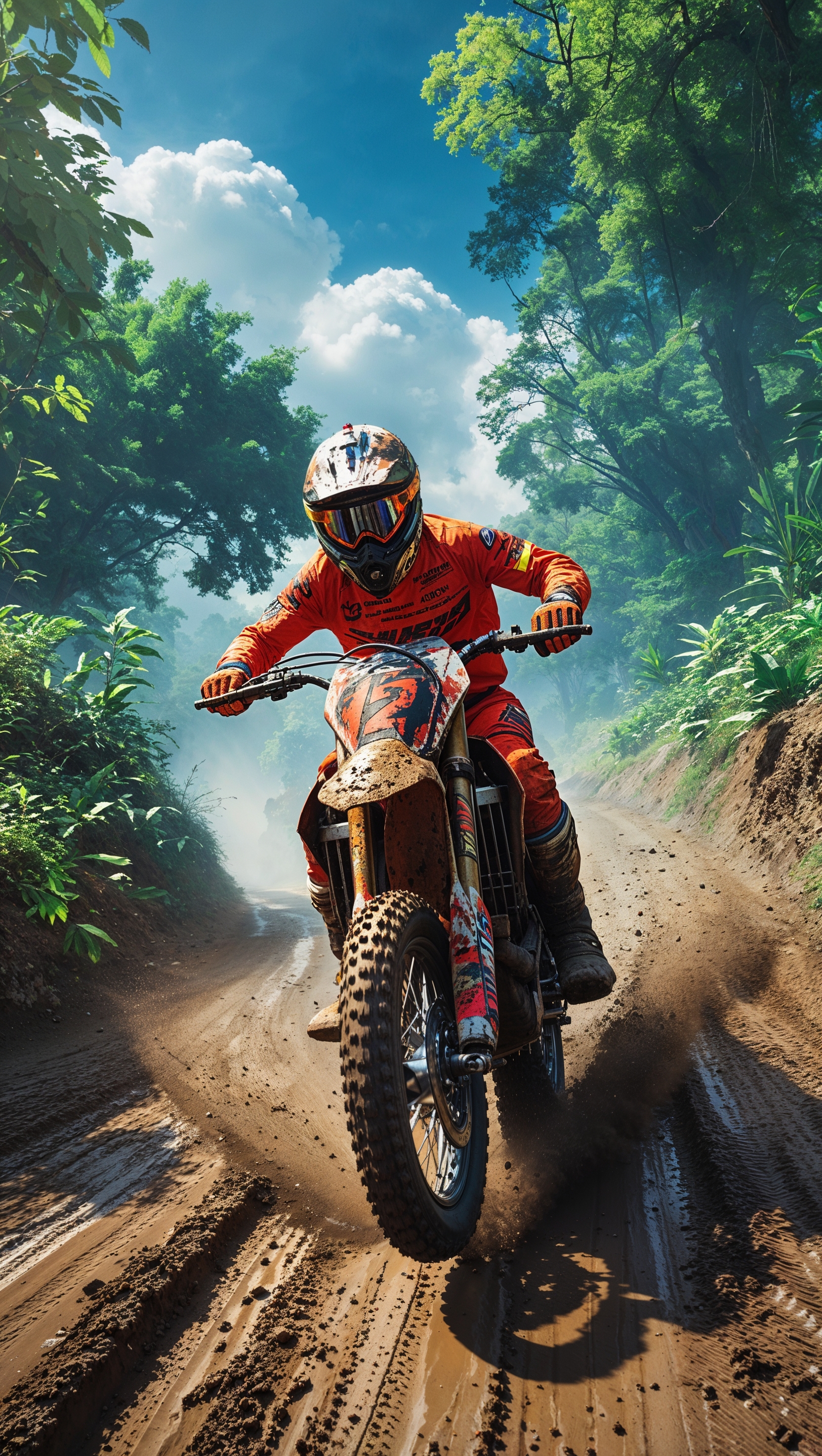 A dirt bike riding through a muddy road, for an iPhone wallpaper