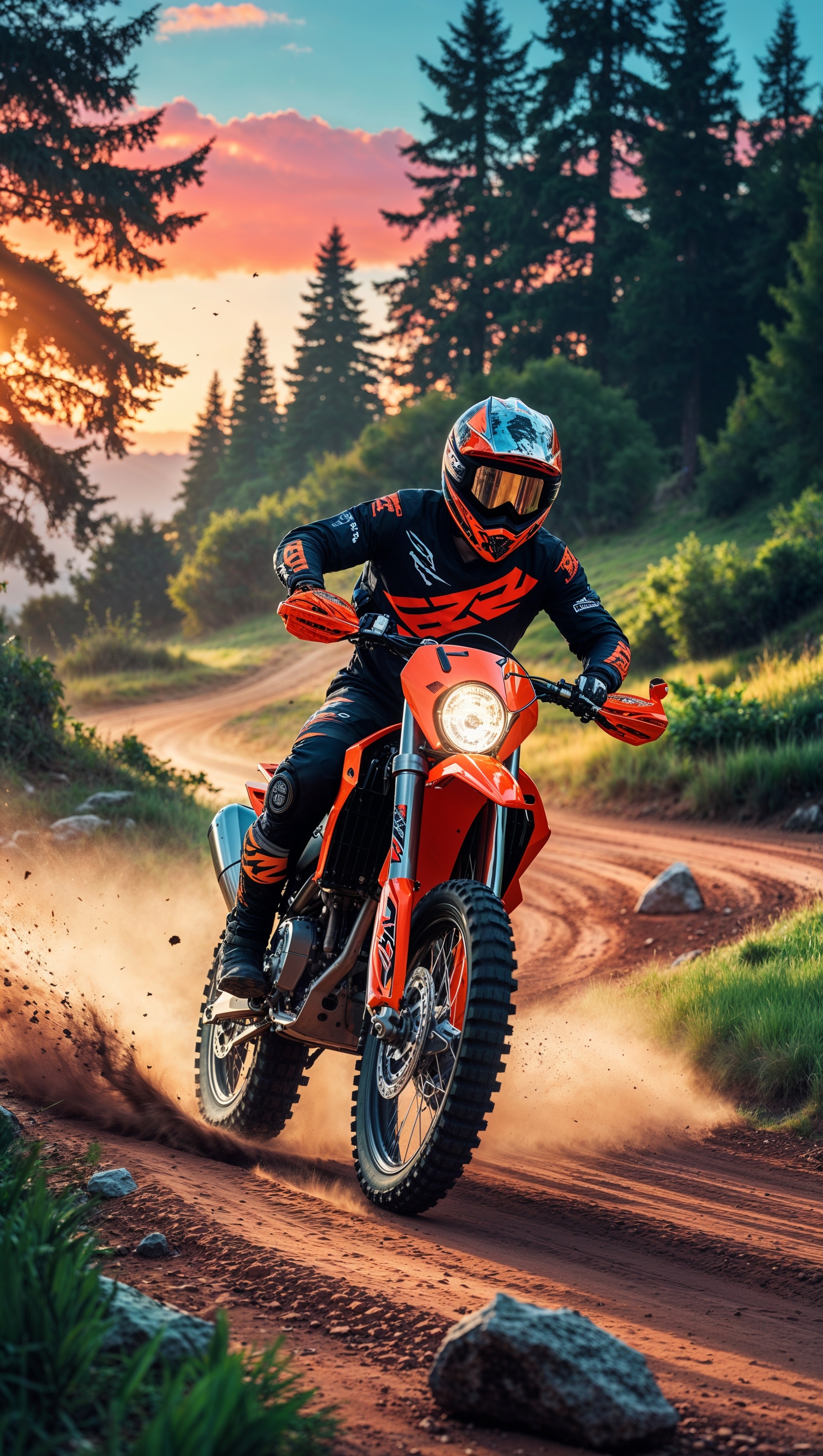 A dirt bike riding on a dirt road with sunset lighting, for an iPhone wallpaper