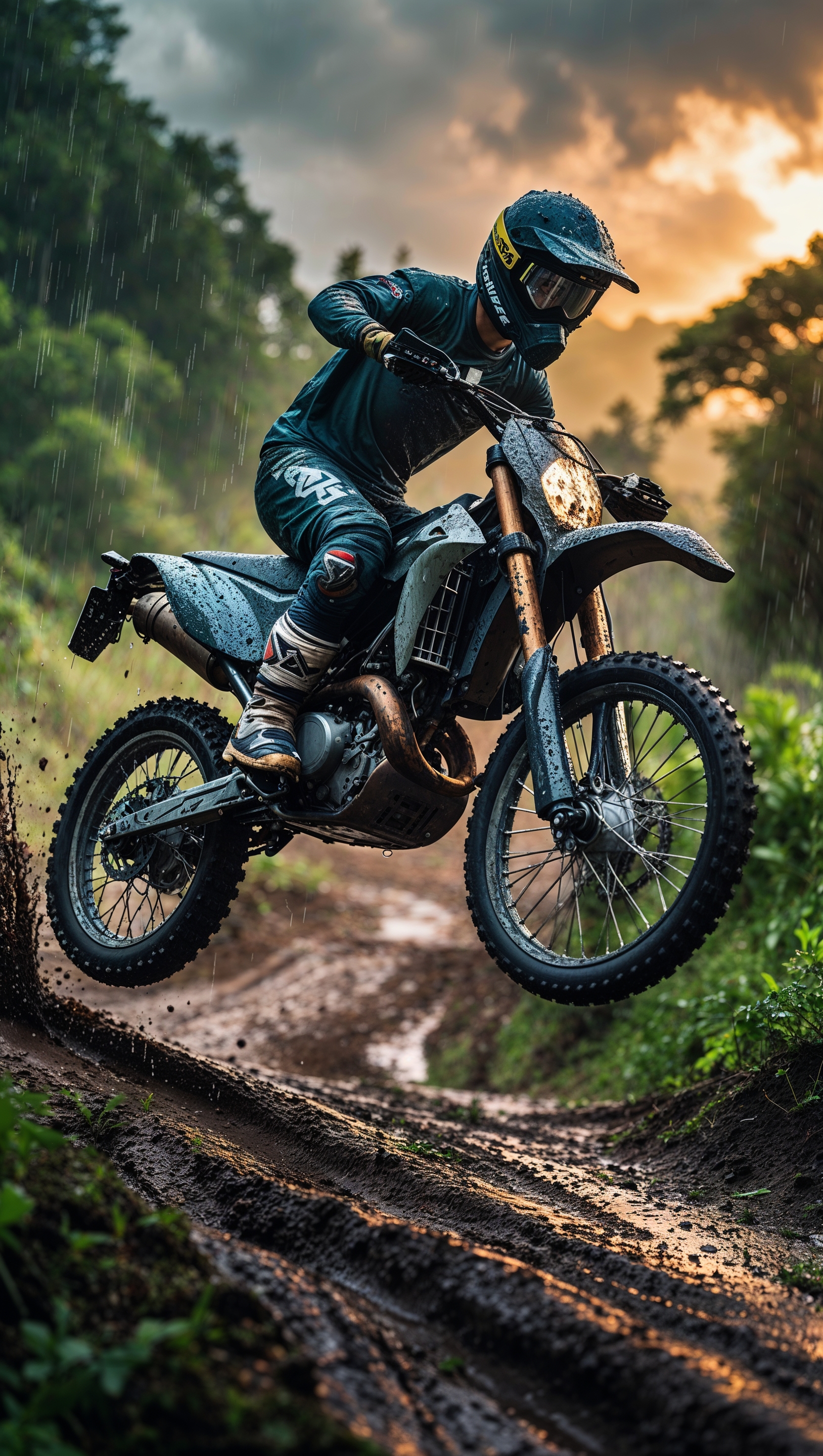A dirt bike riding on a wet trail after the rain, for an iPhone wallpaper