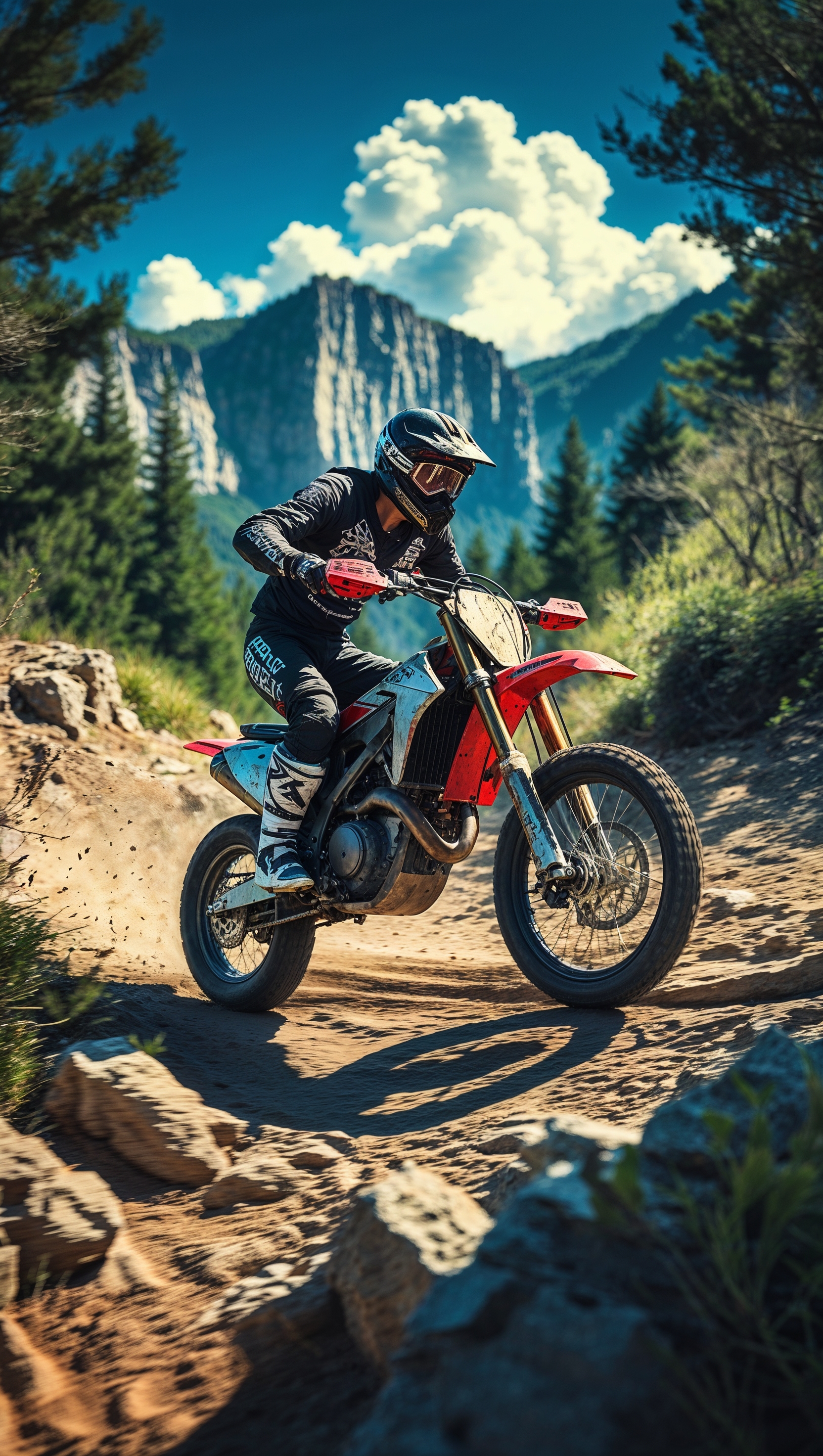 A dirt bike riding on a rugged mountain trail, for an iPhone wallpaper