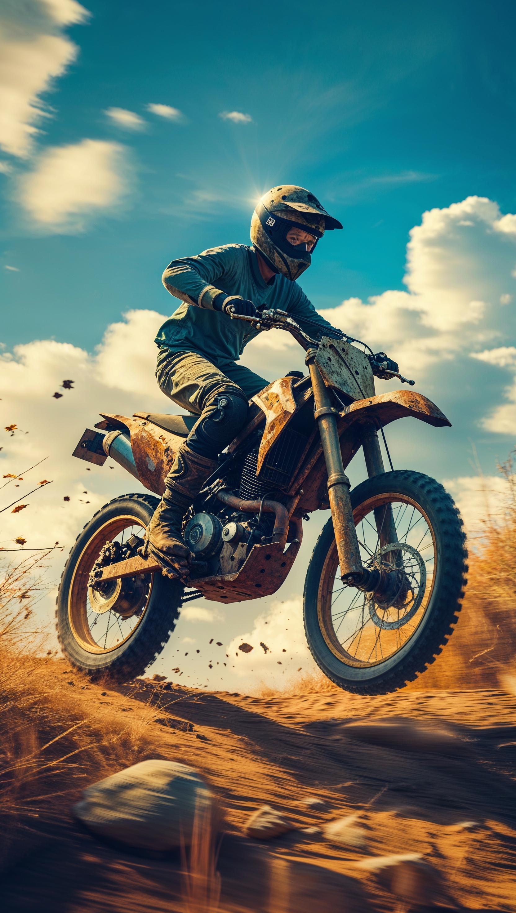 A dirt bike riding over a dirt hill with a blue sky, for an iPhone wallpaper