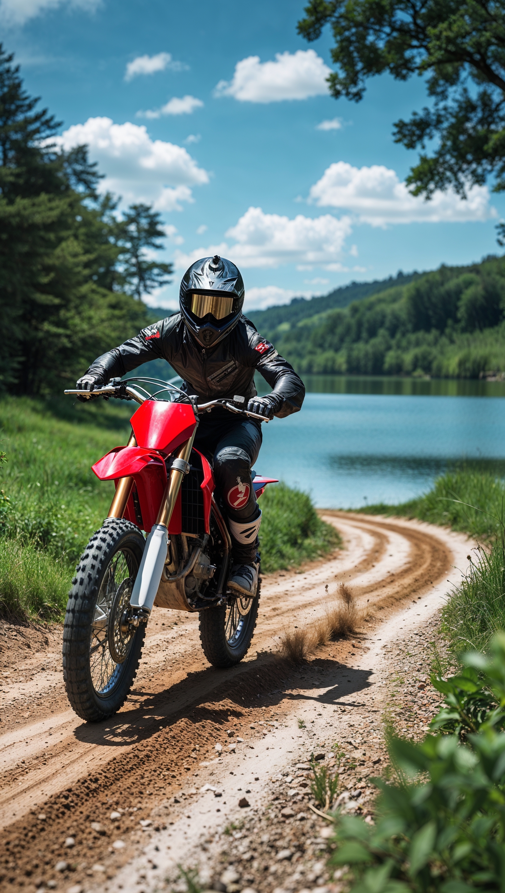A dirt bike riding on a dirt path next to a lake, for an iPhone wallpaper
