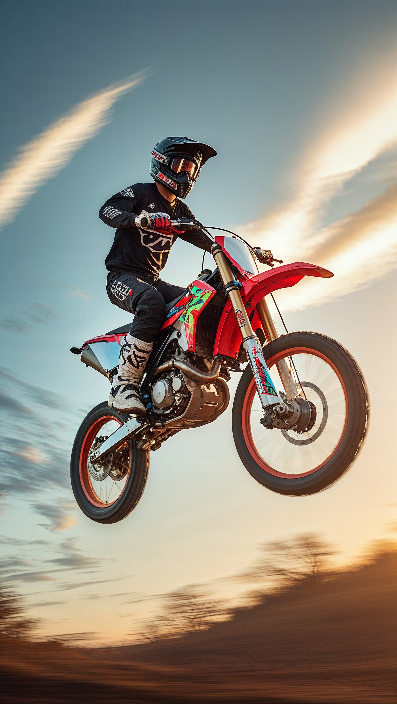 A dirt bike jumping in the open with morning light, for an iPhone wallpaper