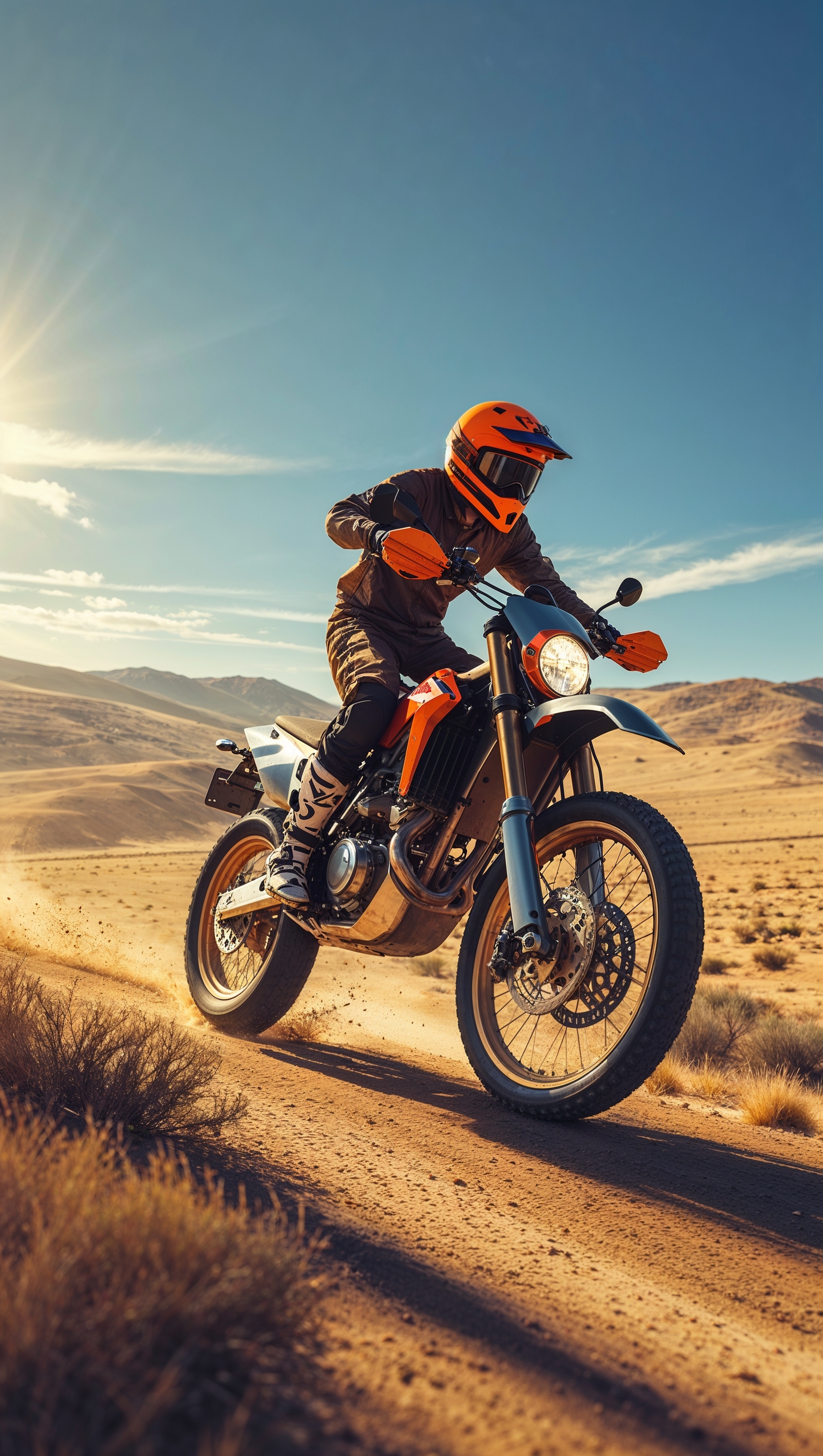 A dirt bike riding across a vast plain with a blue sky, for an iPhone wallpaper