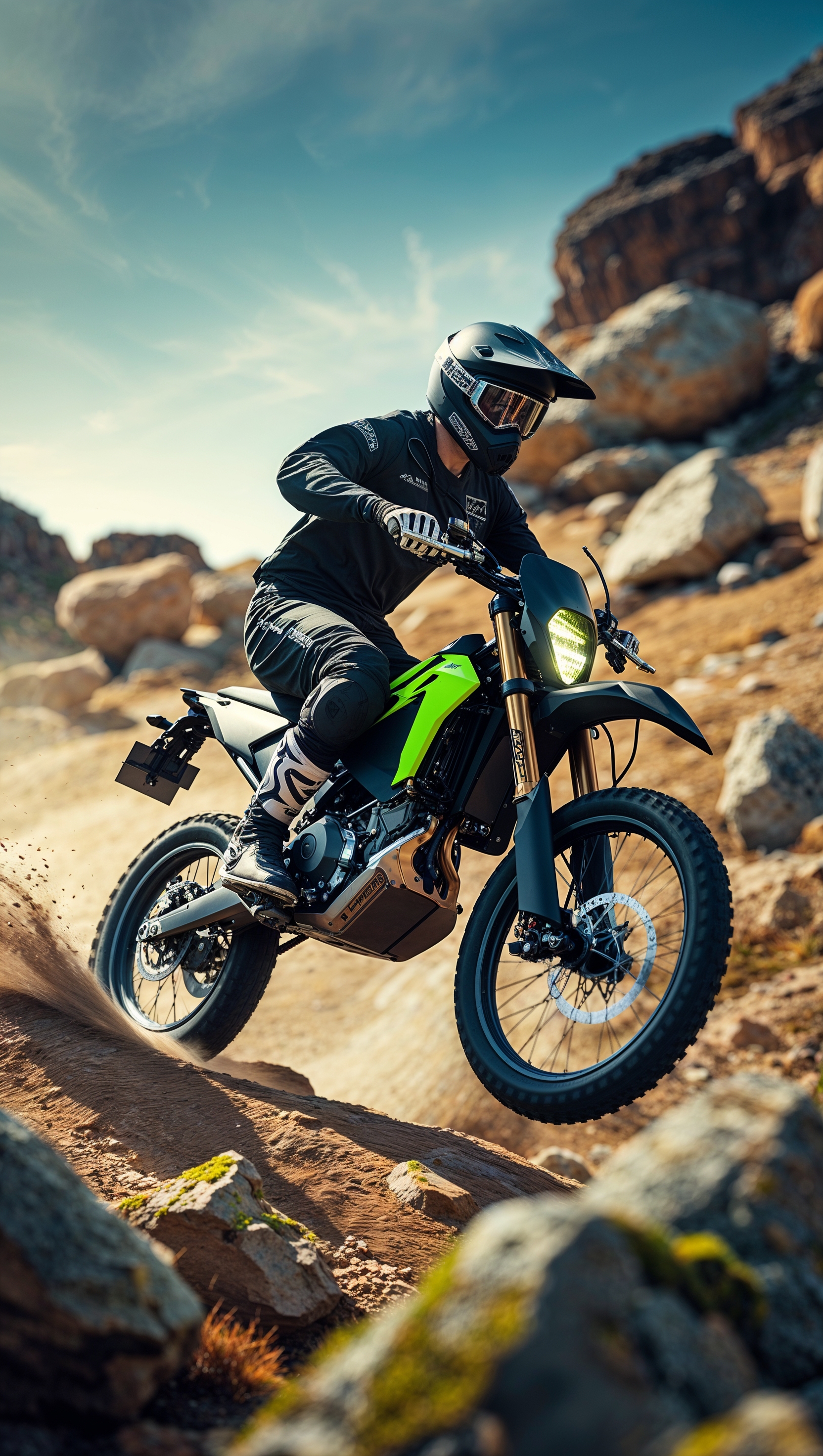 A dirt bike riding on a trail full of large rocks, for an iPhone wallpaper