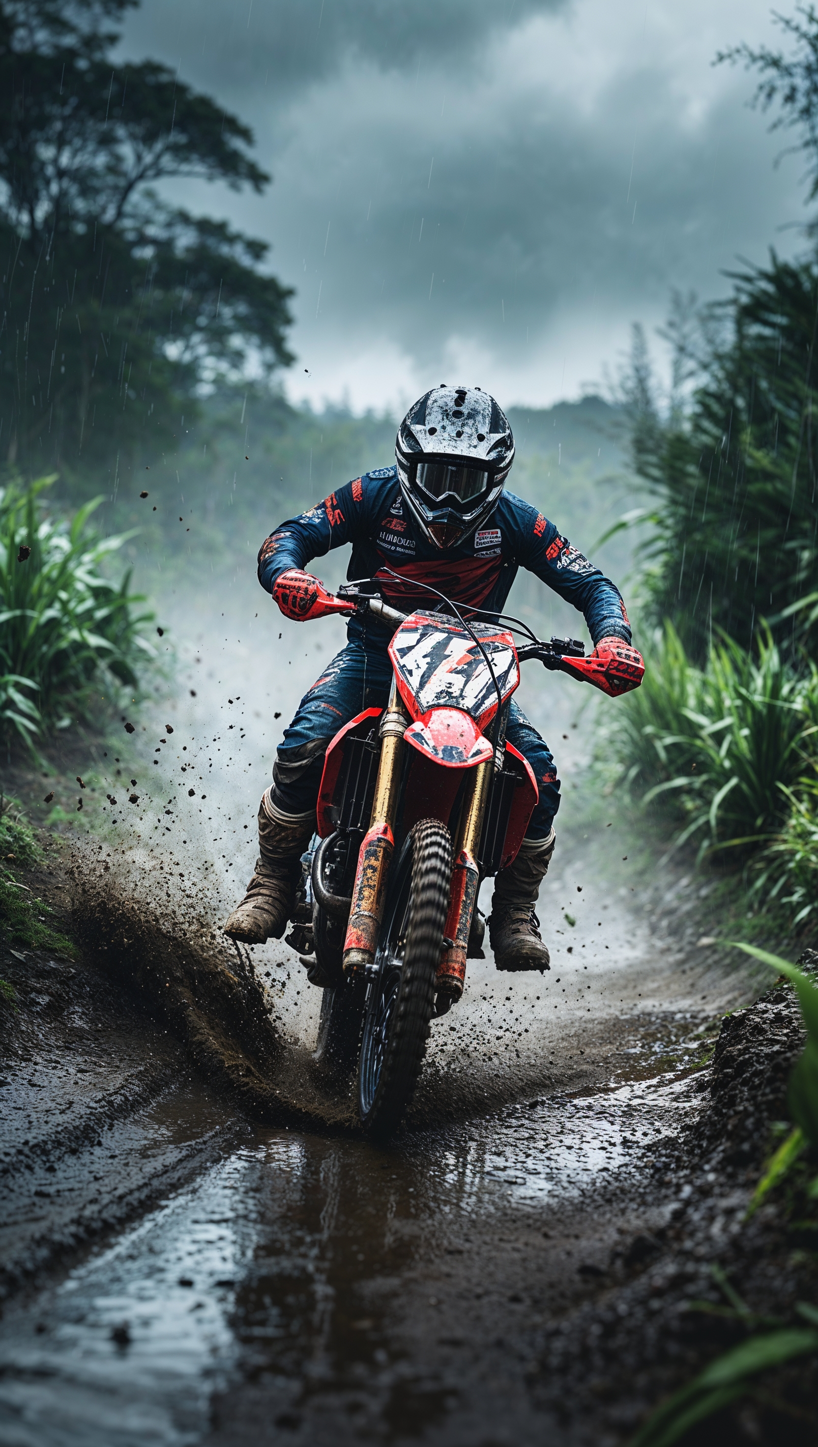 An image of a dirt bike riding on a rain-soaked trail, for an iPhone wallpaper