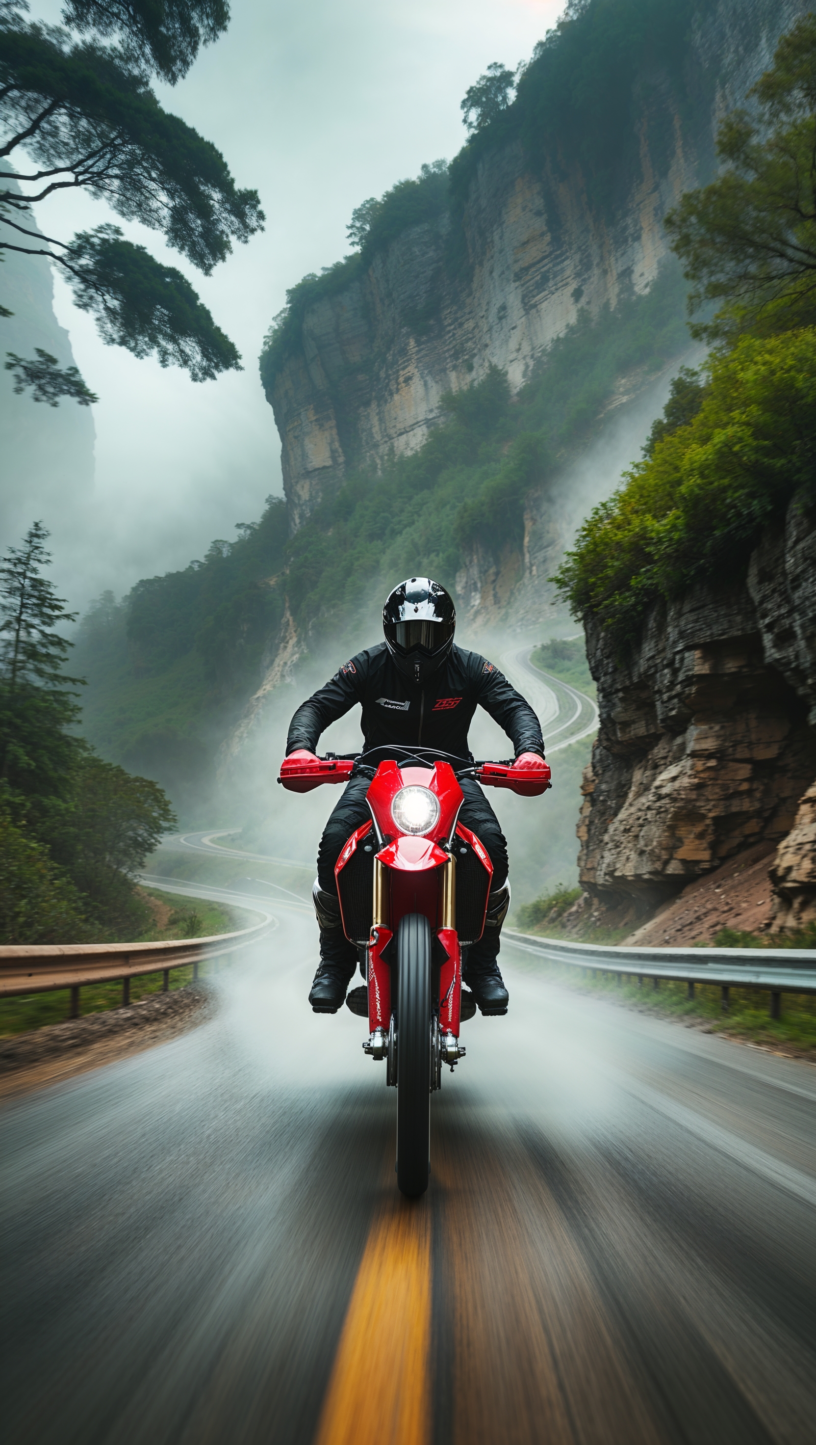 A dirt bike riding through a winding road in the mountains, for an iPhone wallpaper