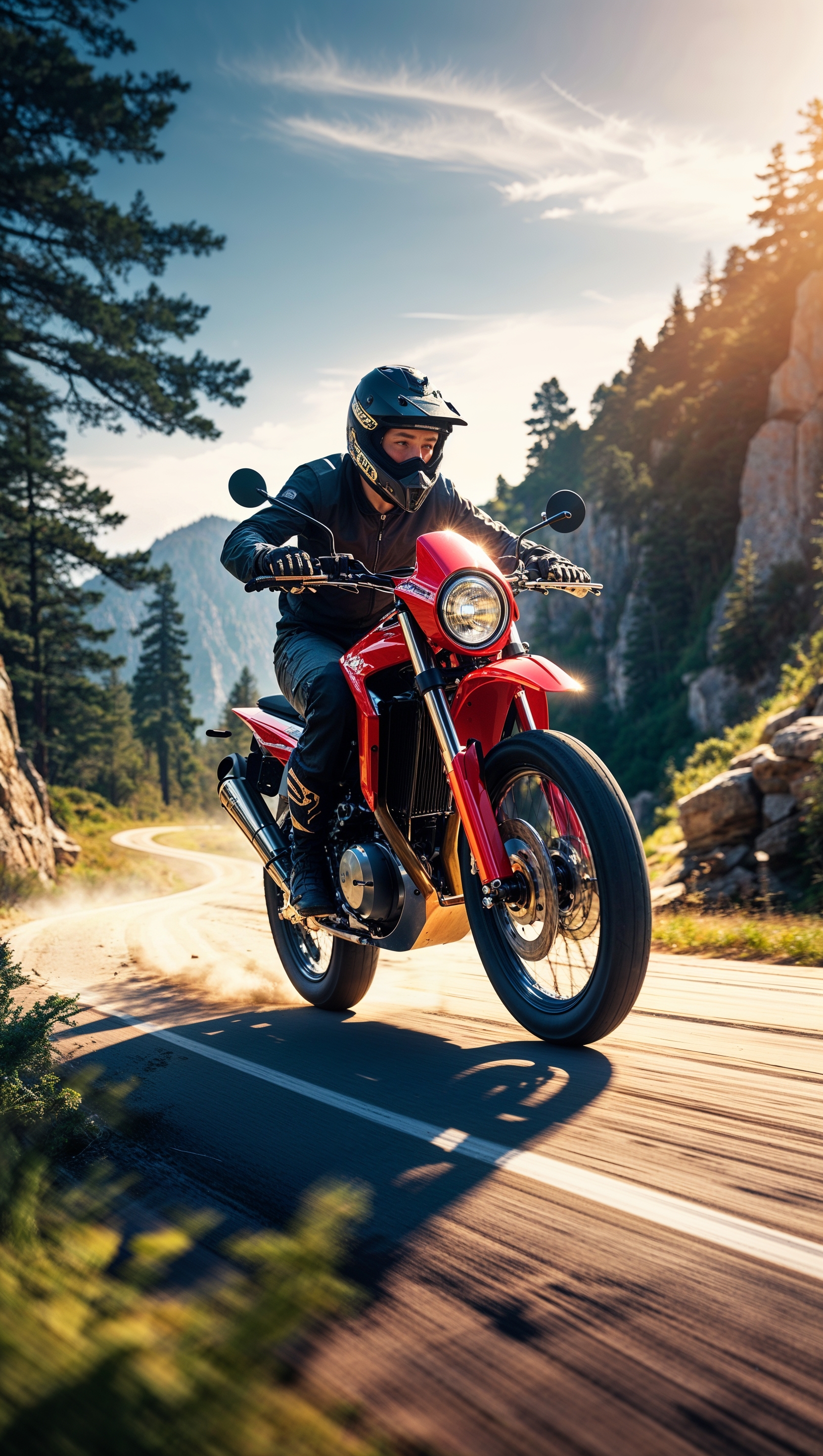 A dirt bike riding on a winding mountain road, for an iPhone wallpaper