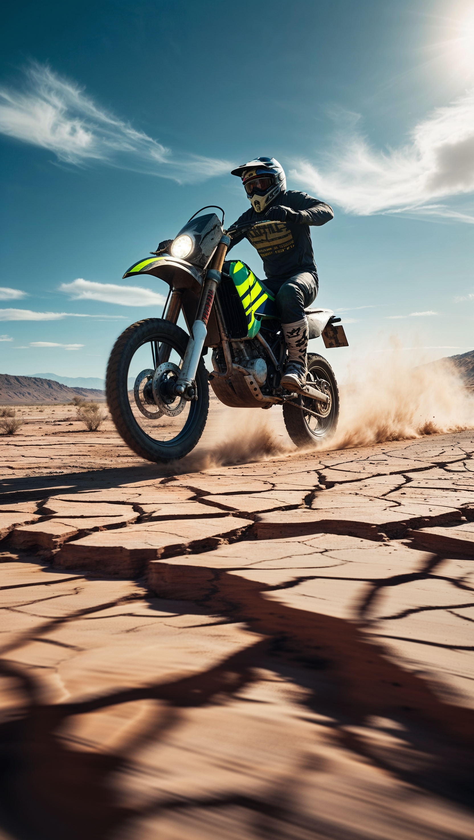 An image of a dirt bike riding on dry cracked earth, for an iPhone wallpaper