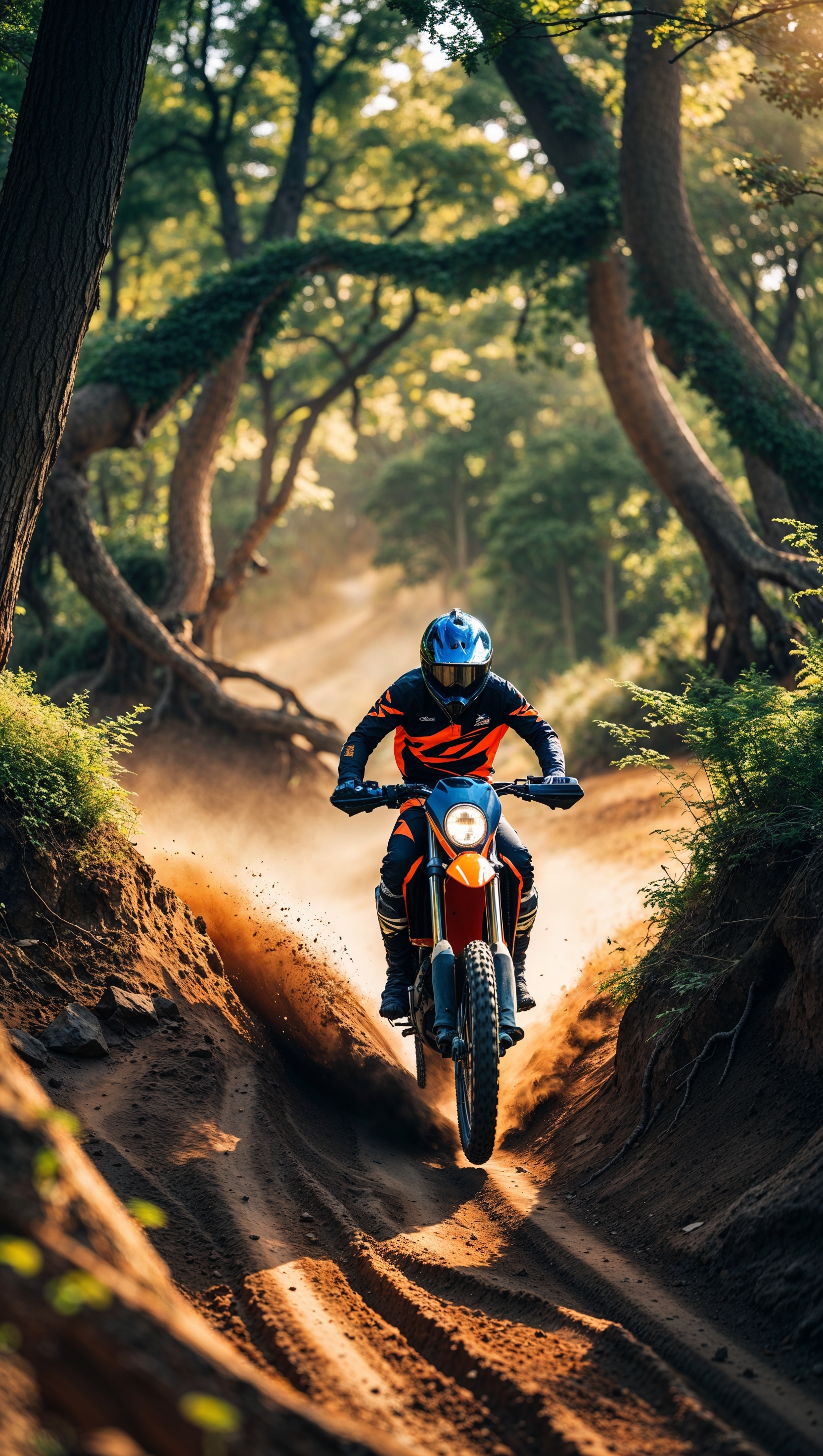 A dirt bike riding on a path through dense forests, for an iPhone wallpaper