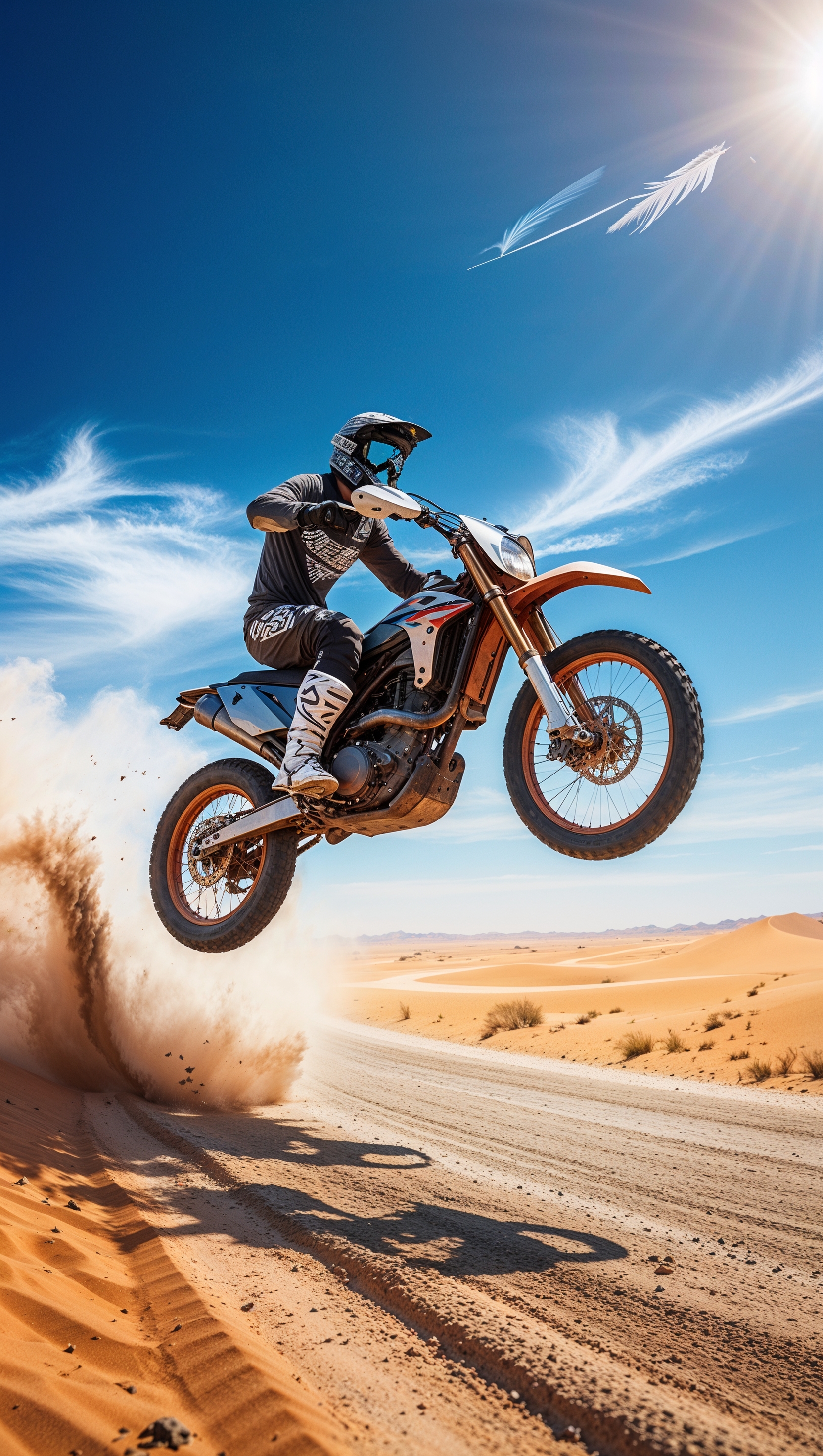 A dirt bike riding through a desert road with a bright blue sky, for an iPhone wallpaper