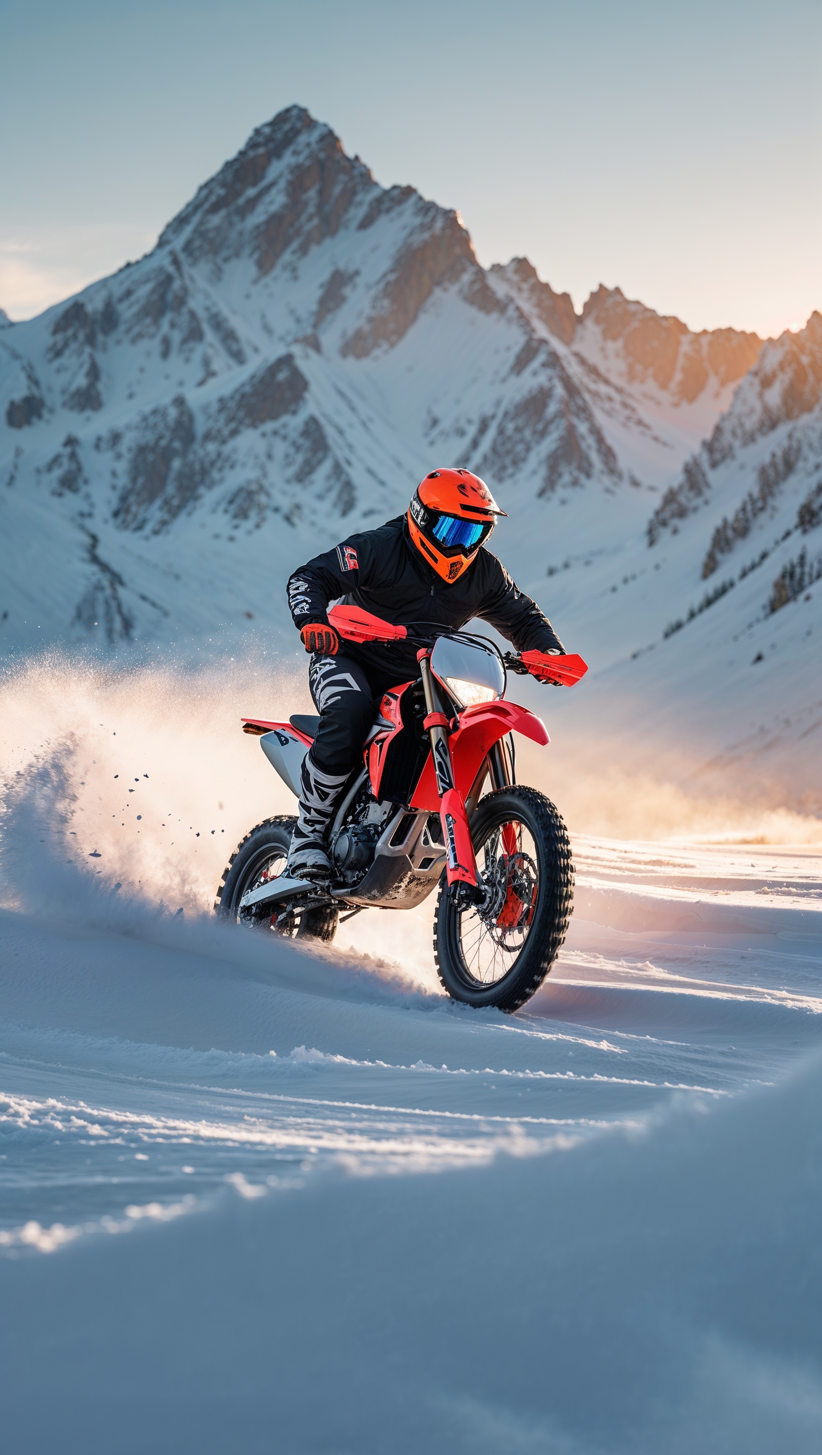 A dirt bike riding through snow-covered mountains, for an iPhone wallpaper
