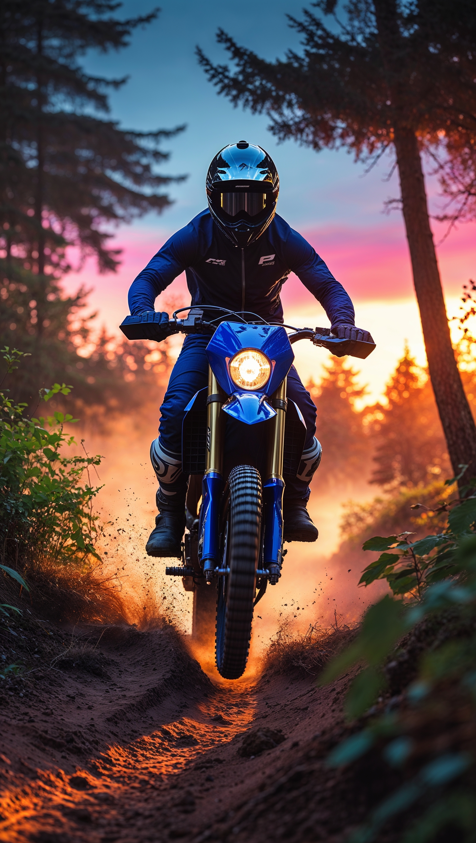 A dirt bike riding through forest trails at sunset, for an iPhone wallpaper