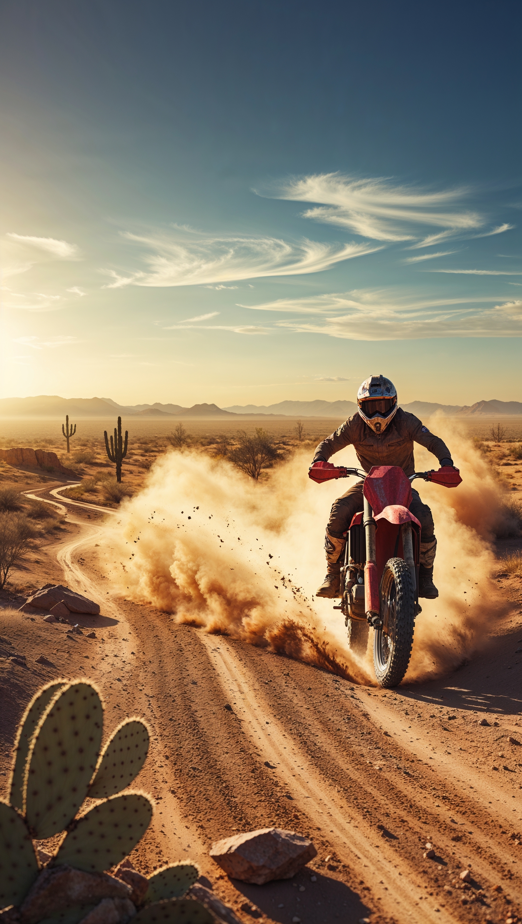 A dirt bike riding on a dirt path in the desert, for an iPhone wallpaper