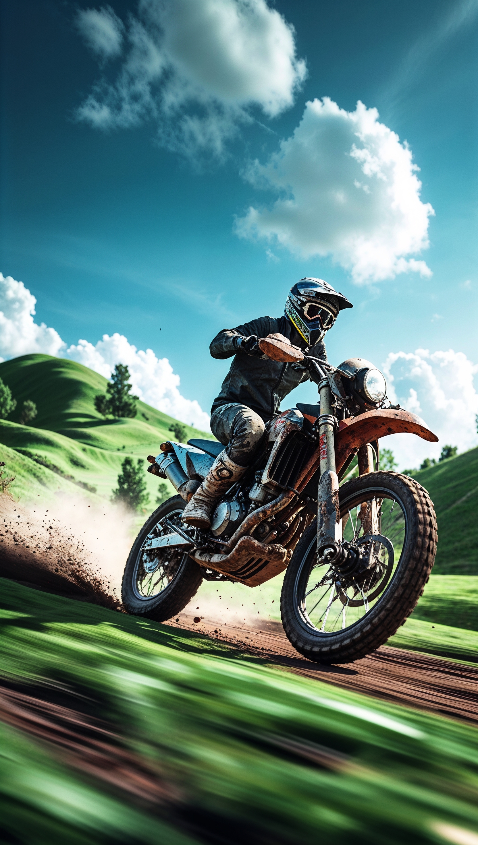 A dirt bike riding through grassy hills, for an iPhone wallpaper