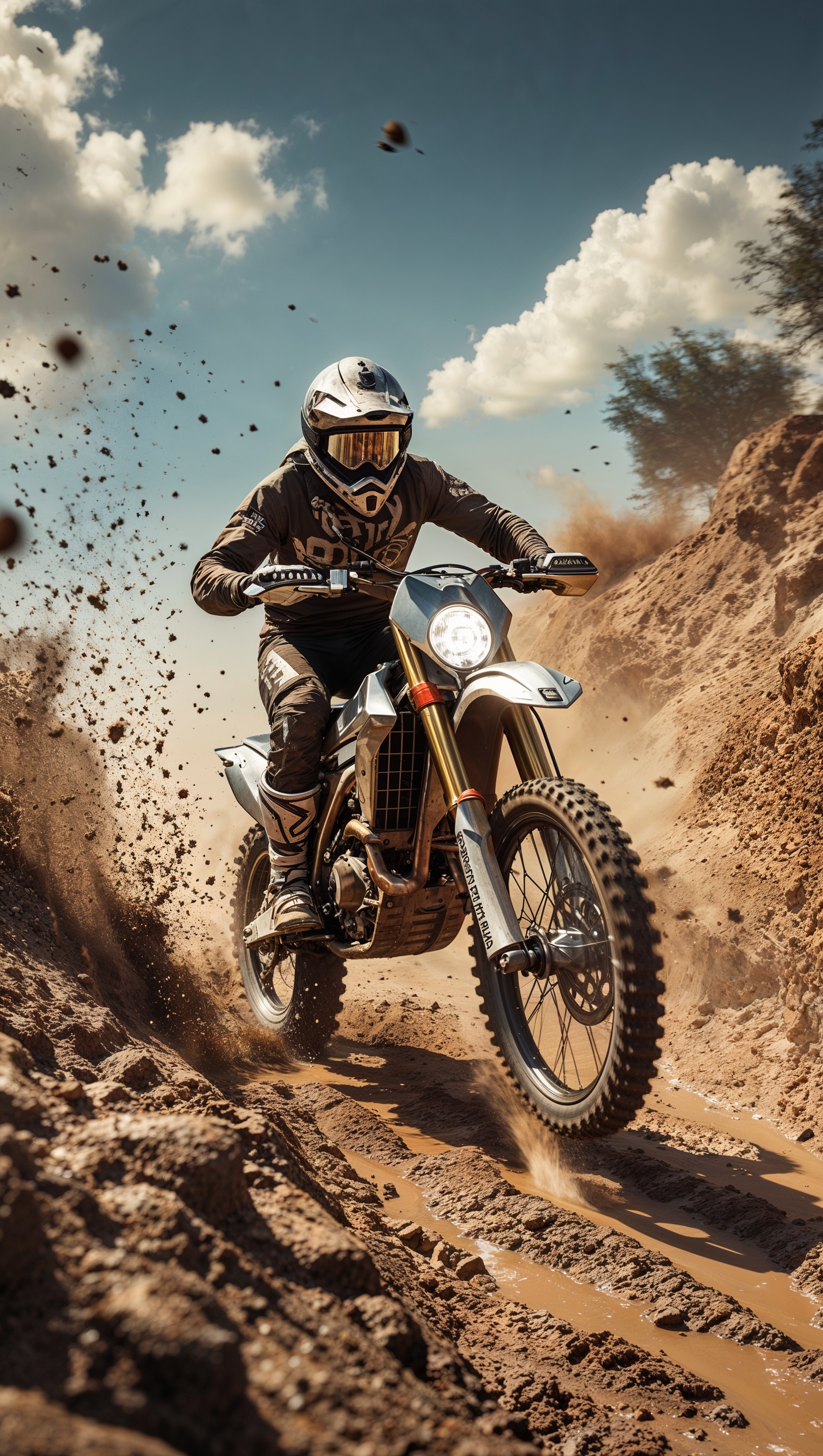 A dirt bike riding on a trail full of potholes and dirt, for an iPhone wallpaper