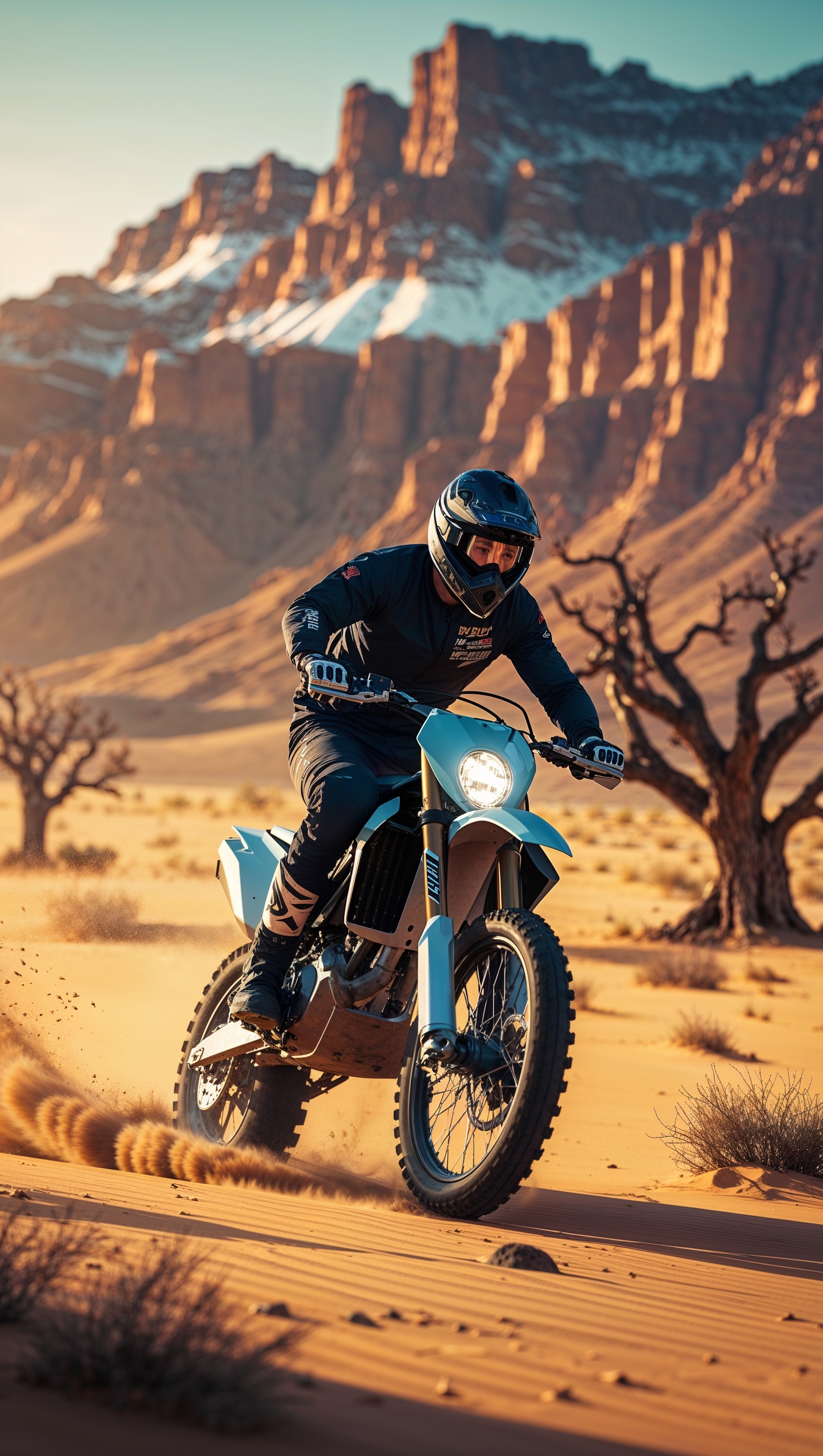 A dirt bike riding through a desert with tall mountains in the background, for an iPhone wallpaper
