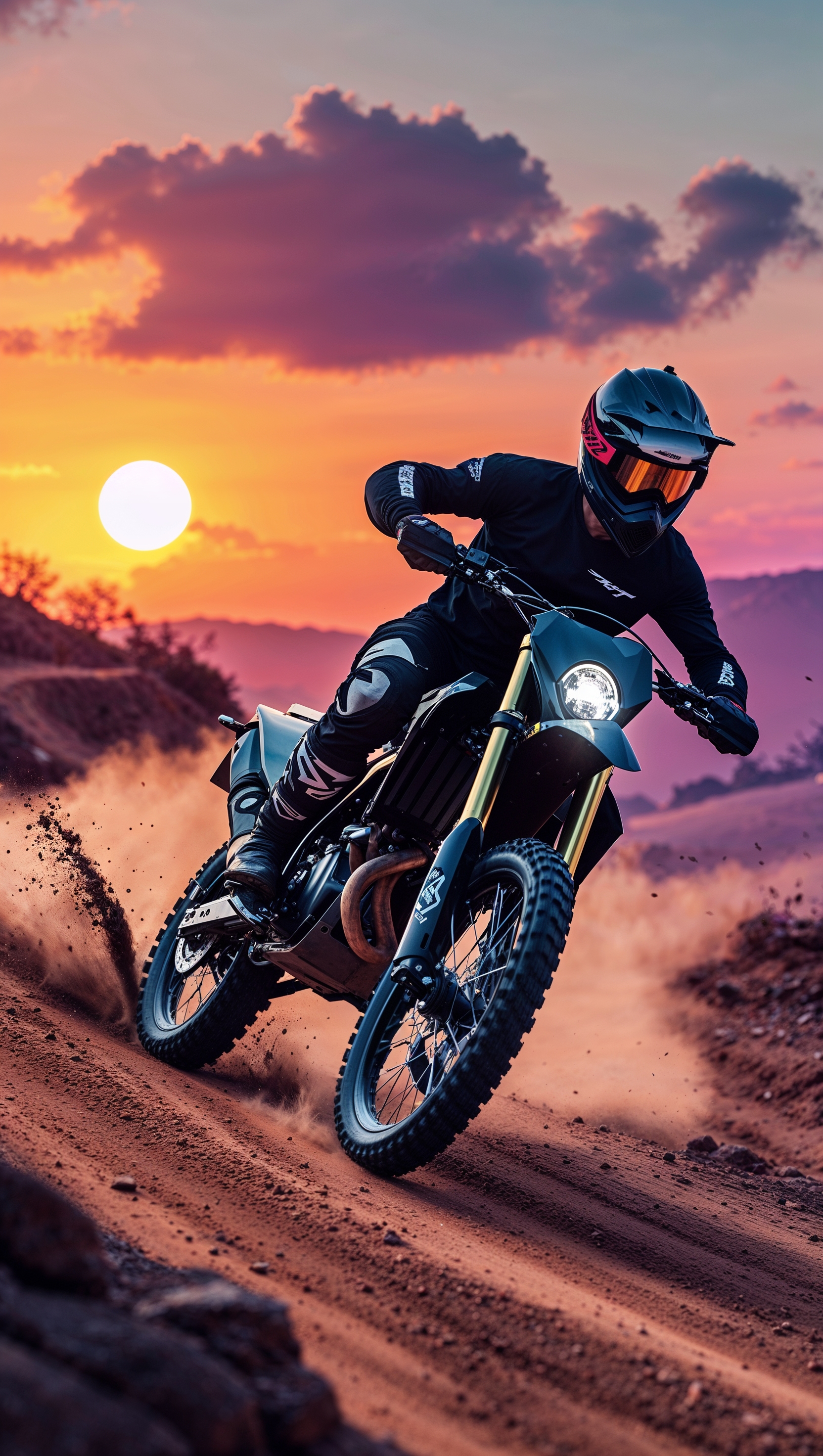 A dirt bike riding over a rocky road with a sunset background for an iPhone wallpaper