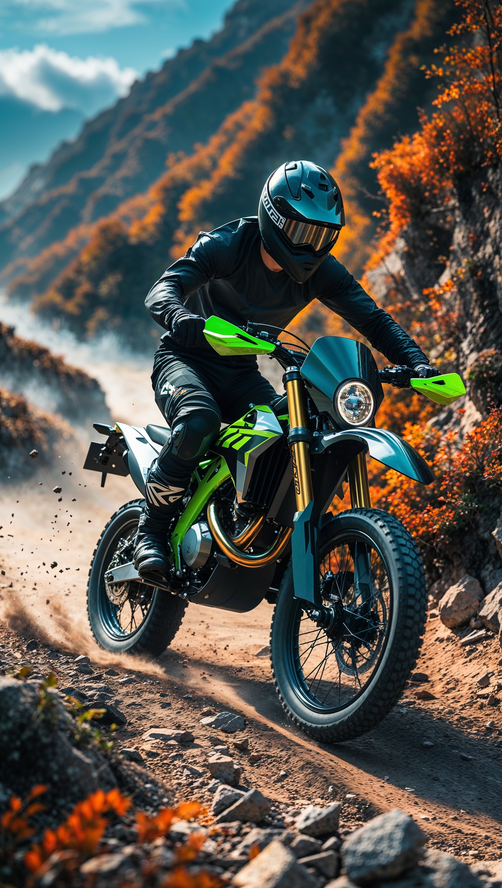 A dirt bike riding on a mountain trail full of twists and turns, for an iPhone wallpaper