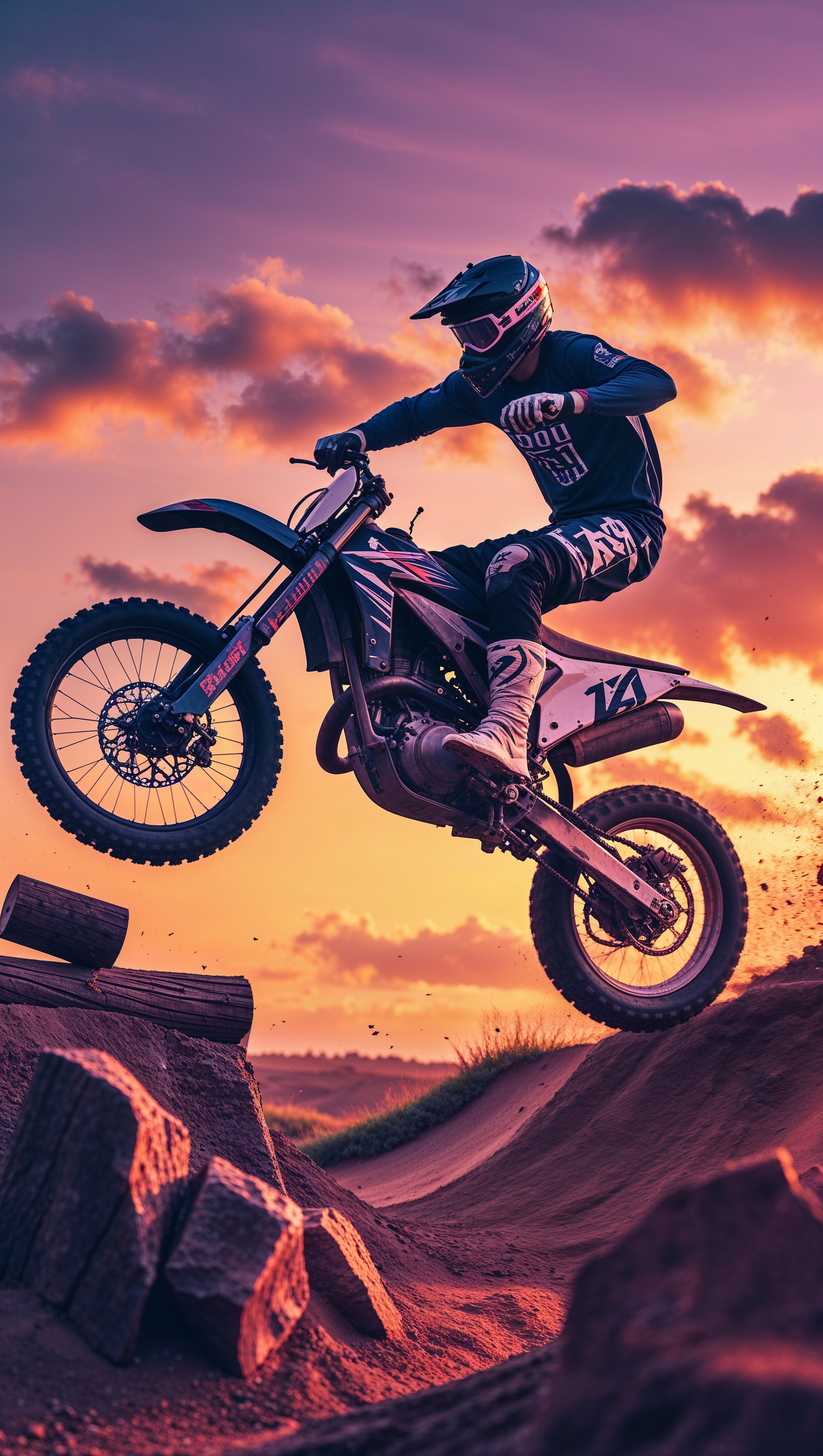 A dirt bike jumping over obstacles with a sunset in the background, for an iPhone wallpaper