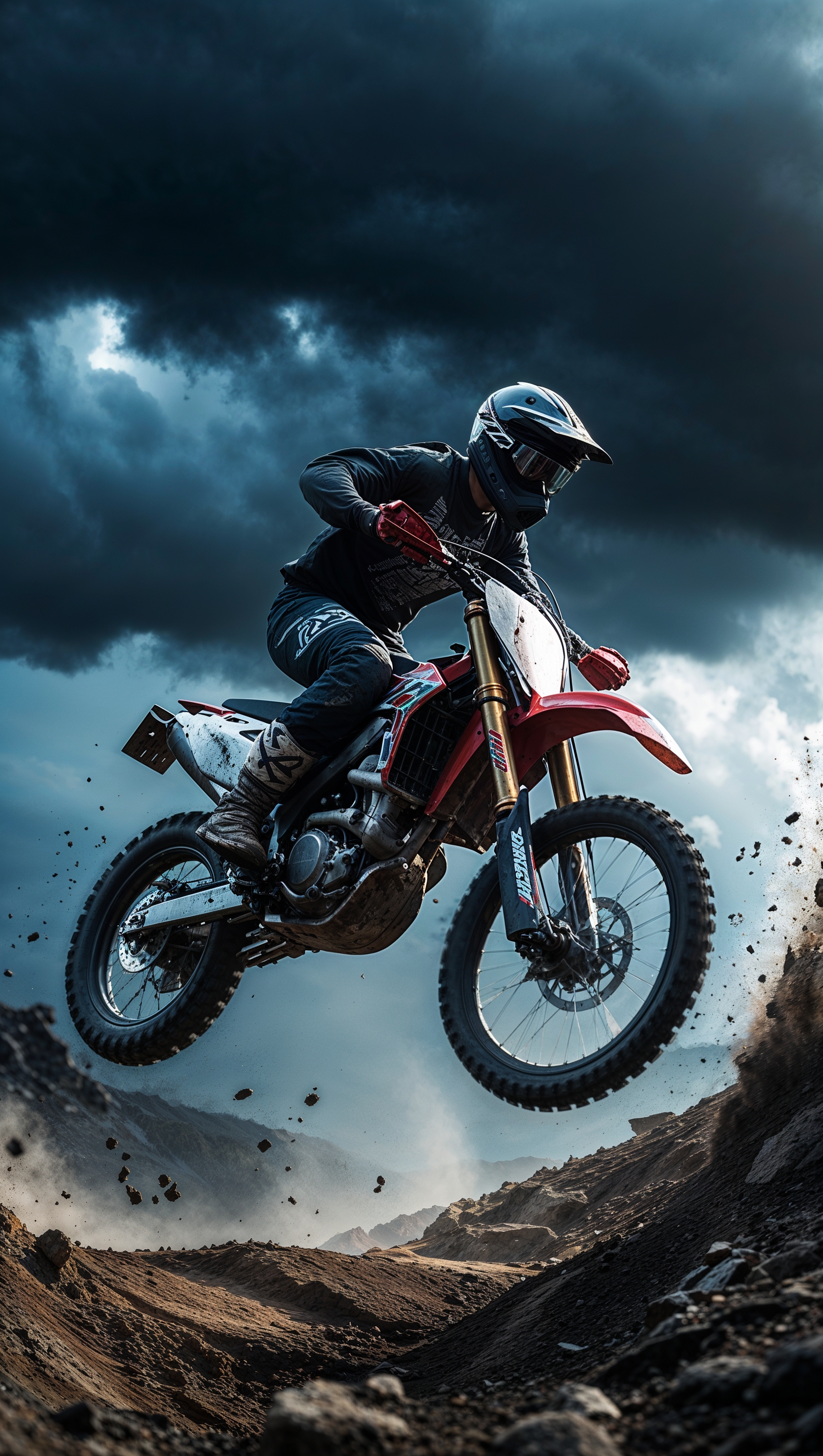 An image of a dirt bike riding on a tough trail with dark skies and storm clouds, for an iPhone wallpaper