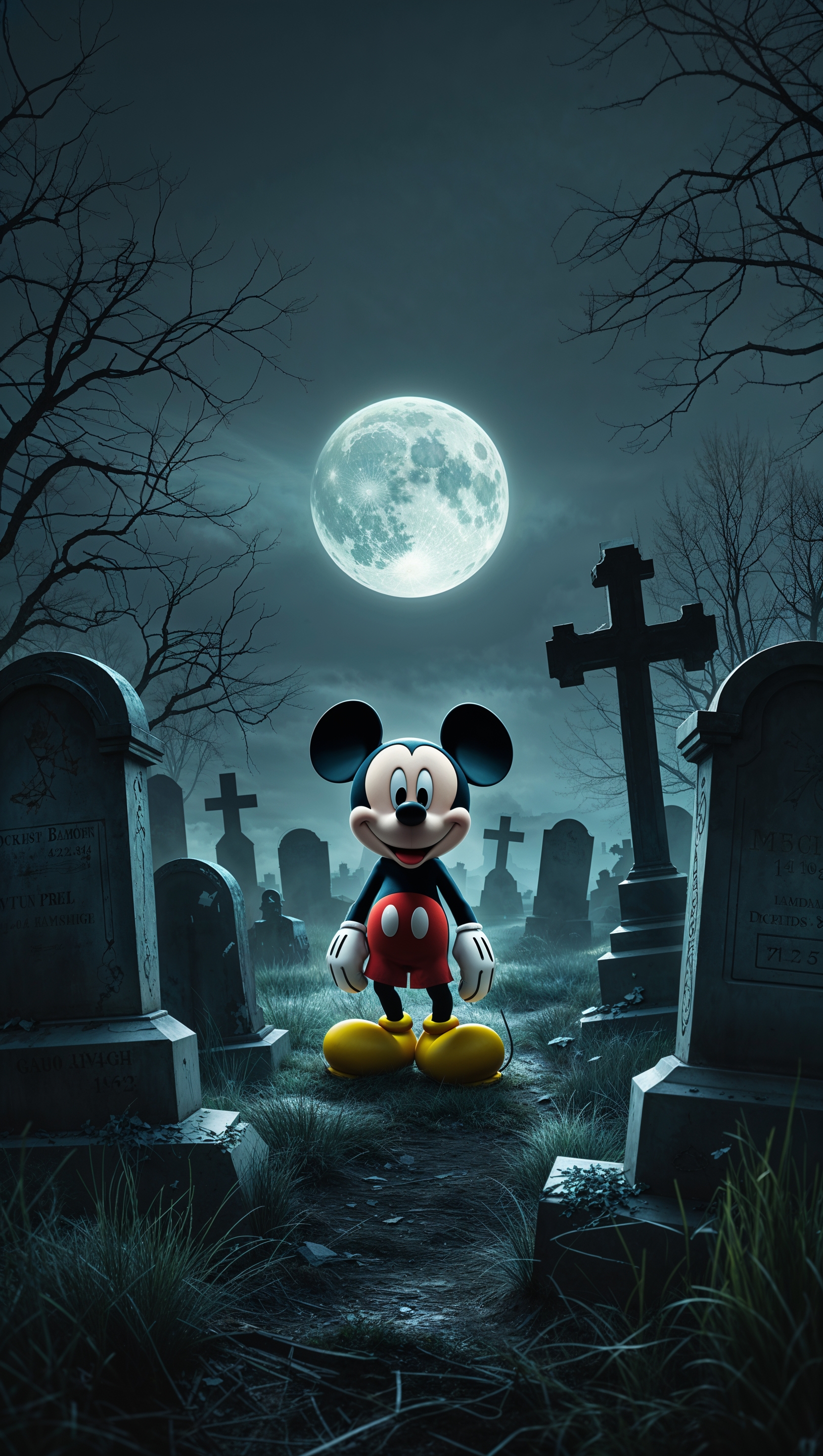 Mickey Mouse by a graveyard under the moonlight