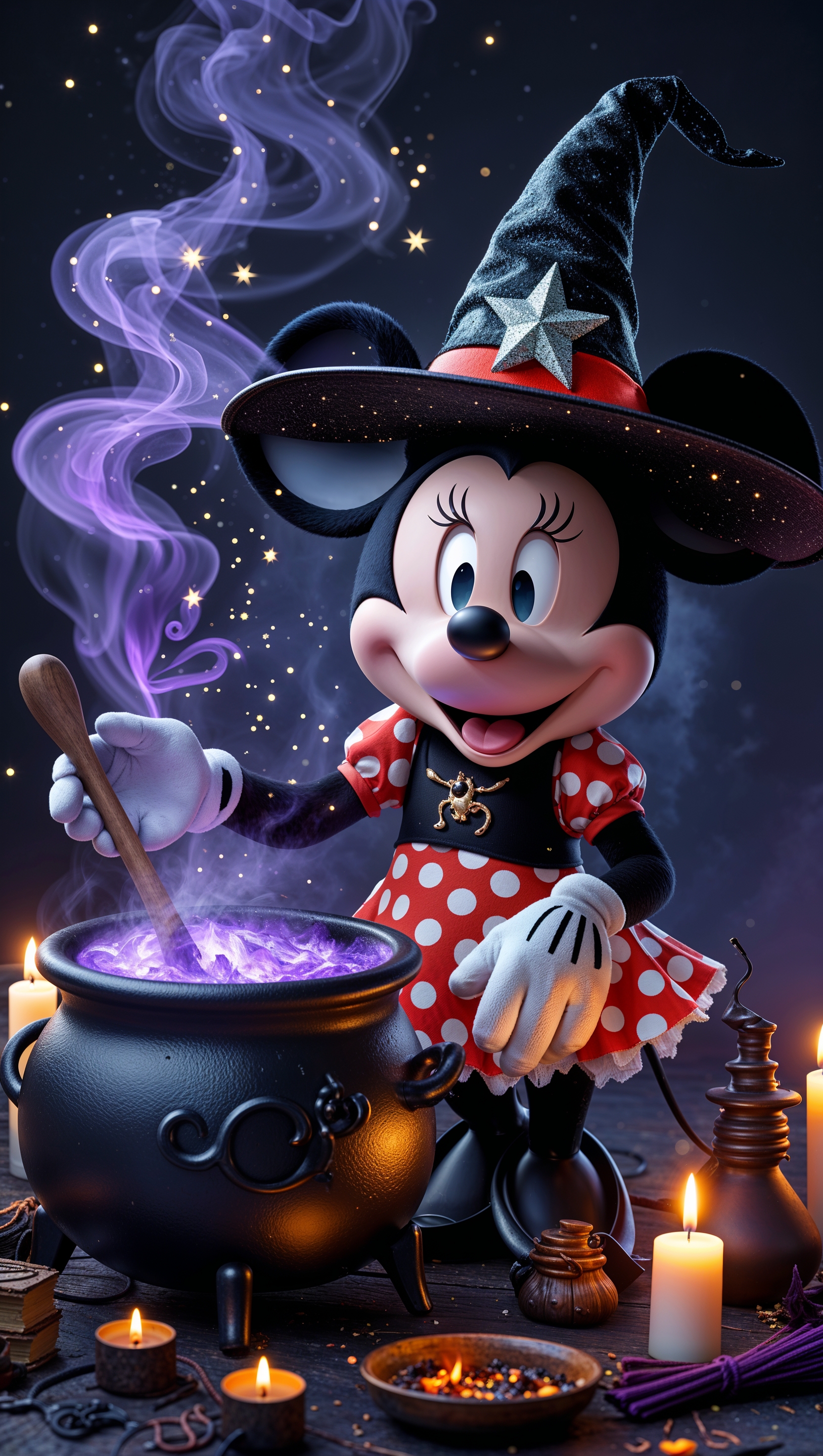 Minnie Mouse dressed as a witch next to a bubbling cauldron