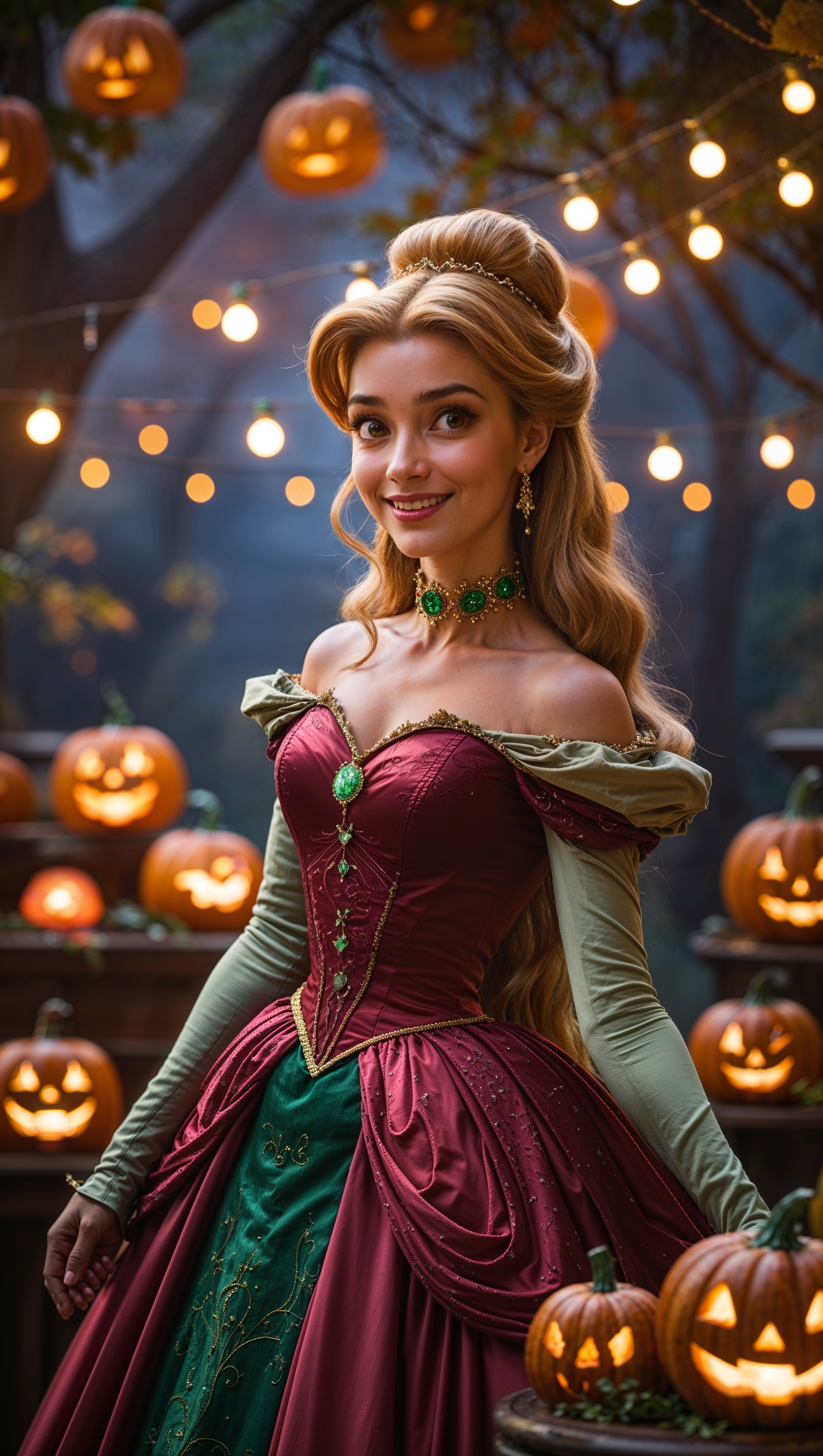 Princess Belle at a Halloween party with pumpkin lights