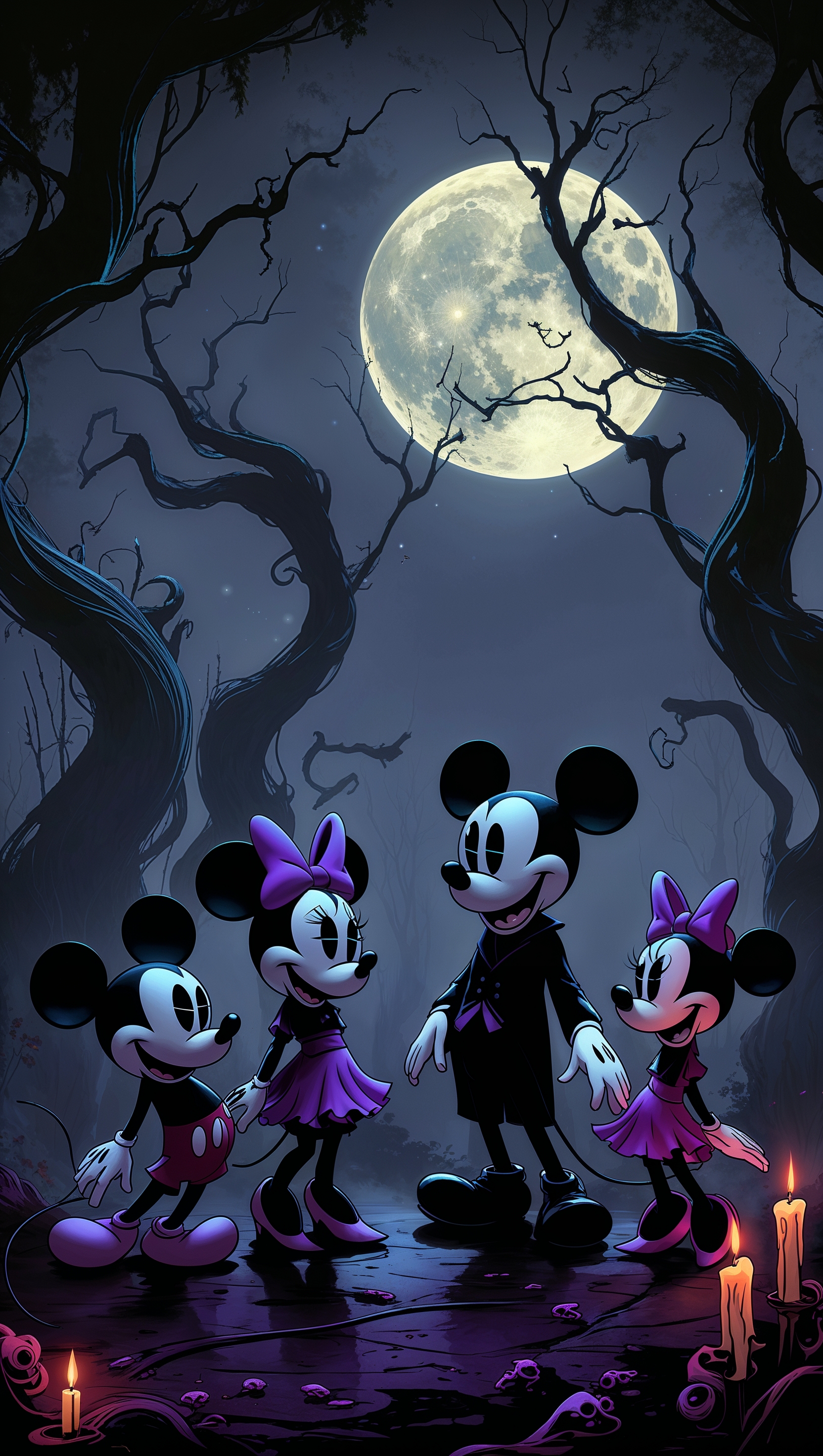 Disney characters in Tim Burton style with a dark vibe