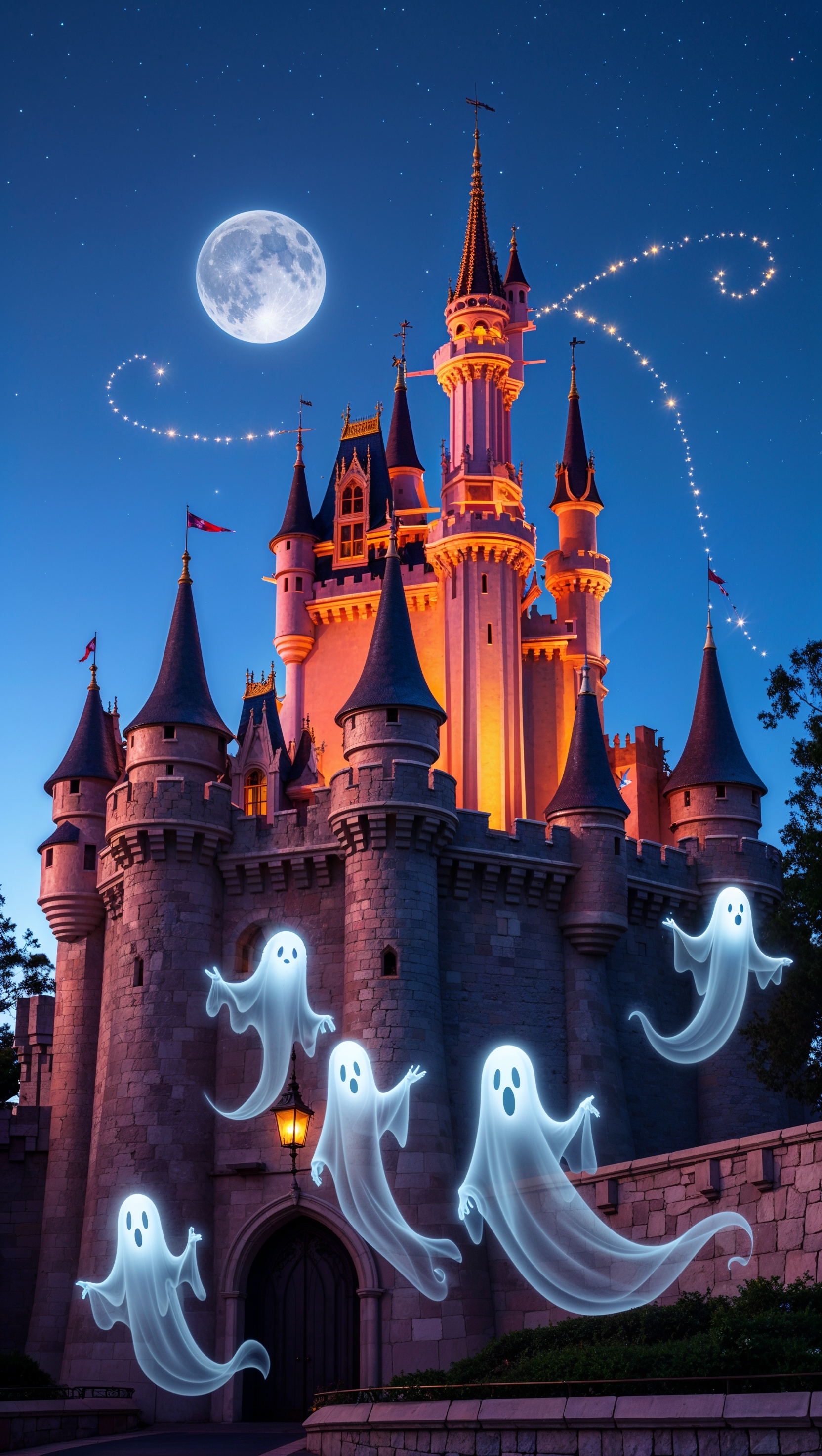 Disney castle with orange lights and floating ghosts