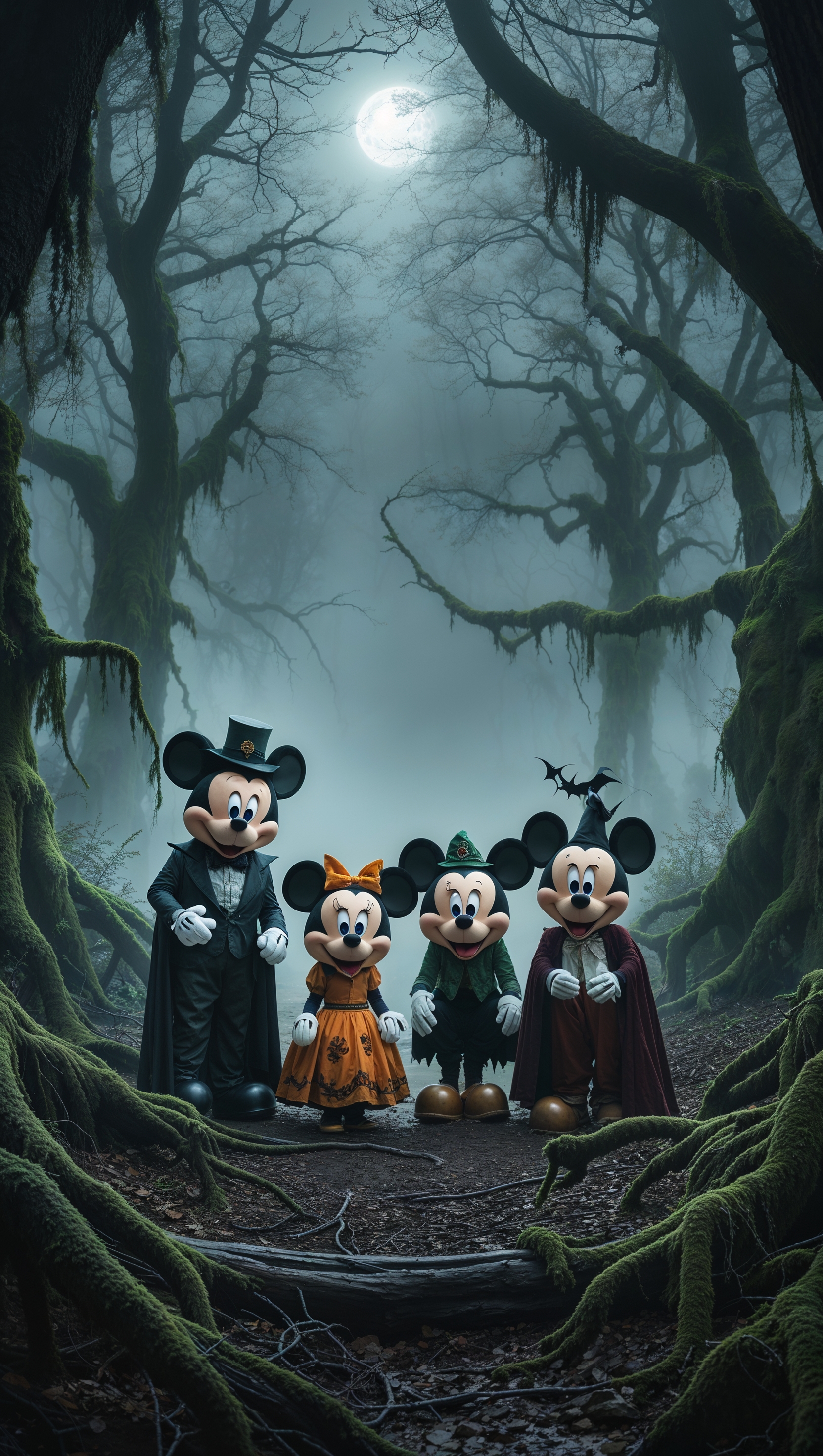 Disney characters in spooky costumes in a foggy forest