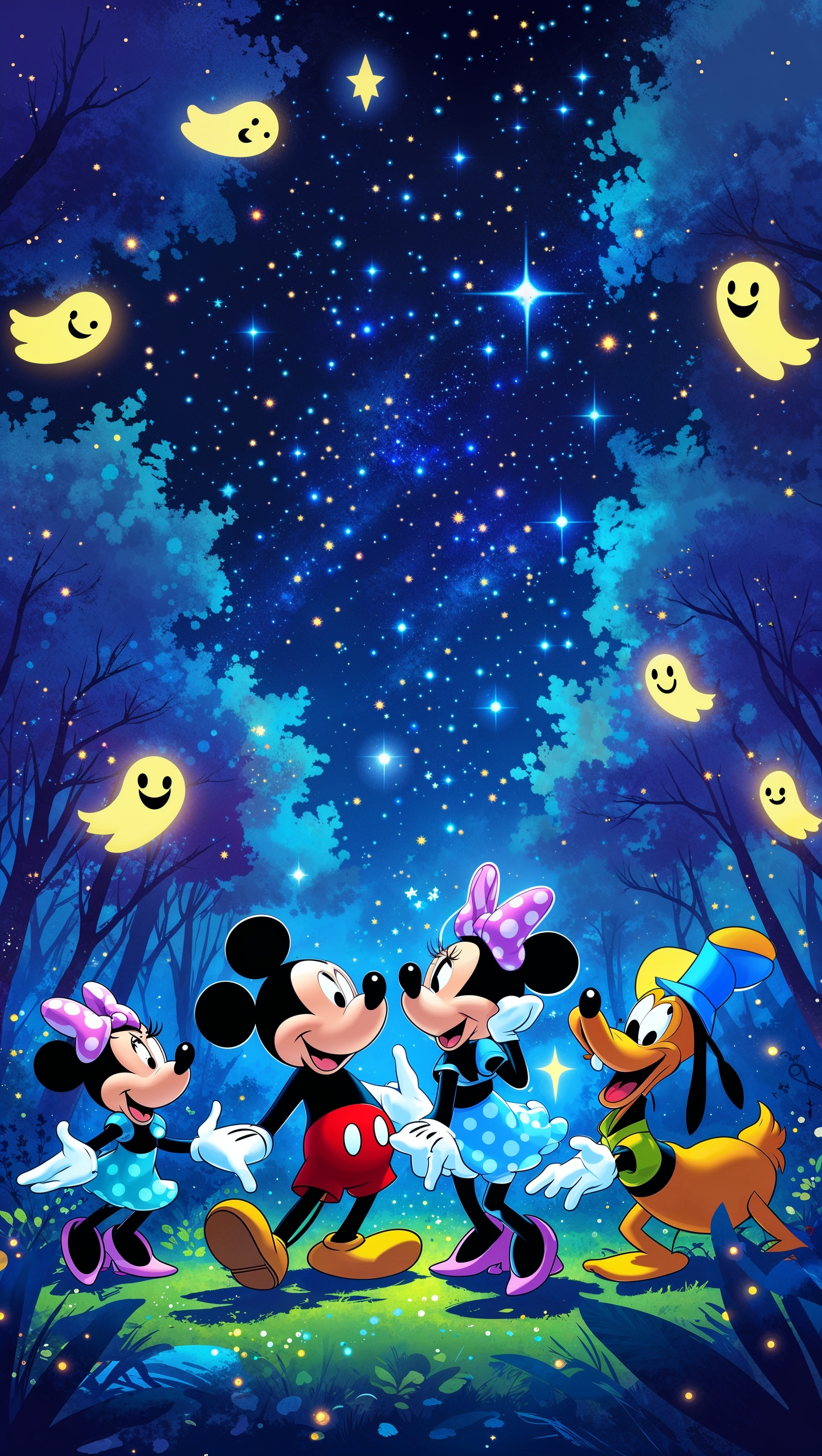 Disney characters on a starry night with tiny ghosts