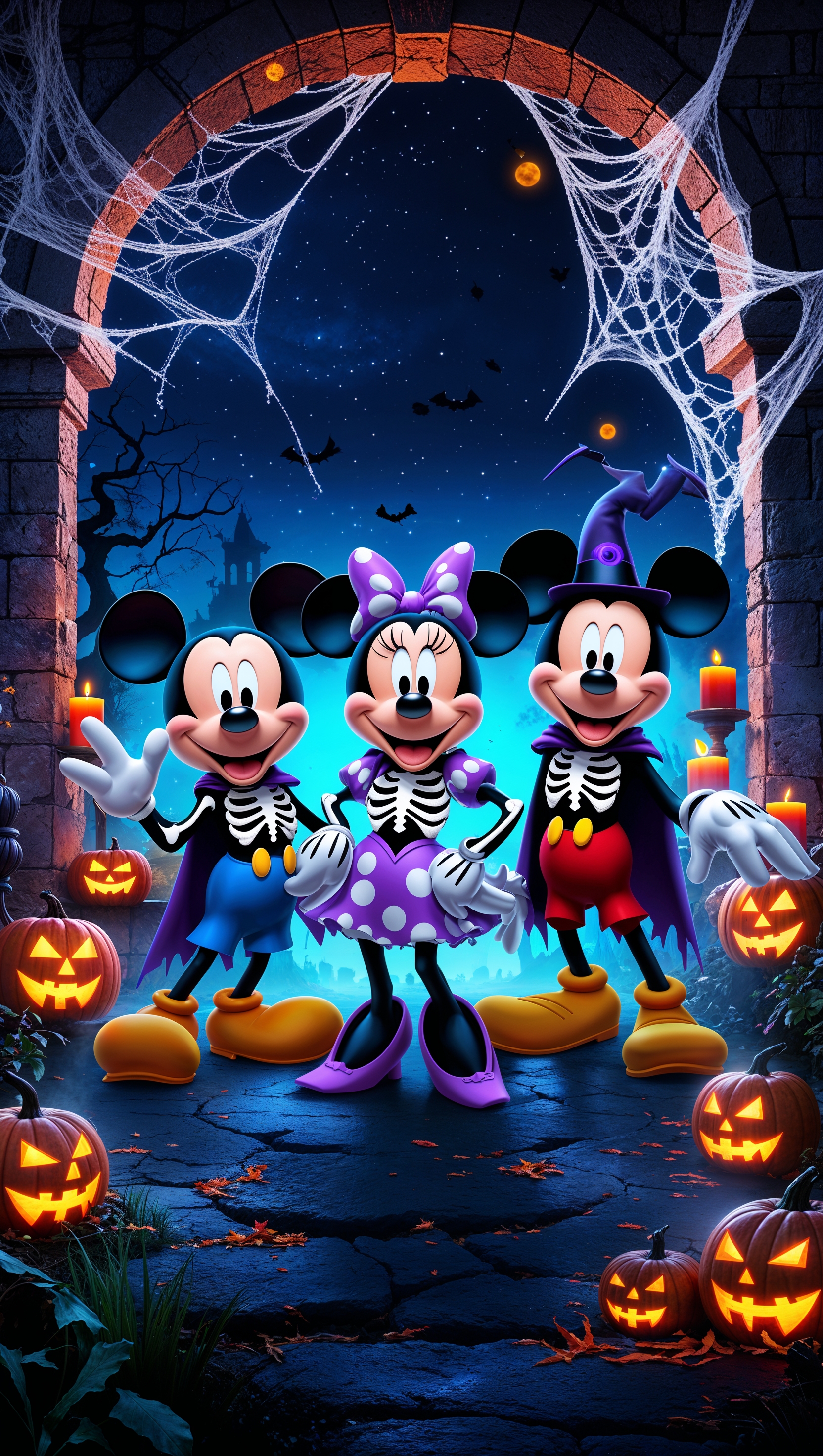 Disney characters in skeleton costumes on Halloween night