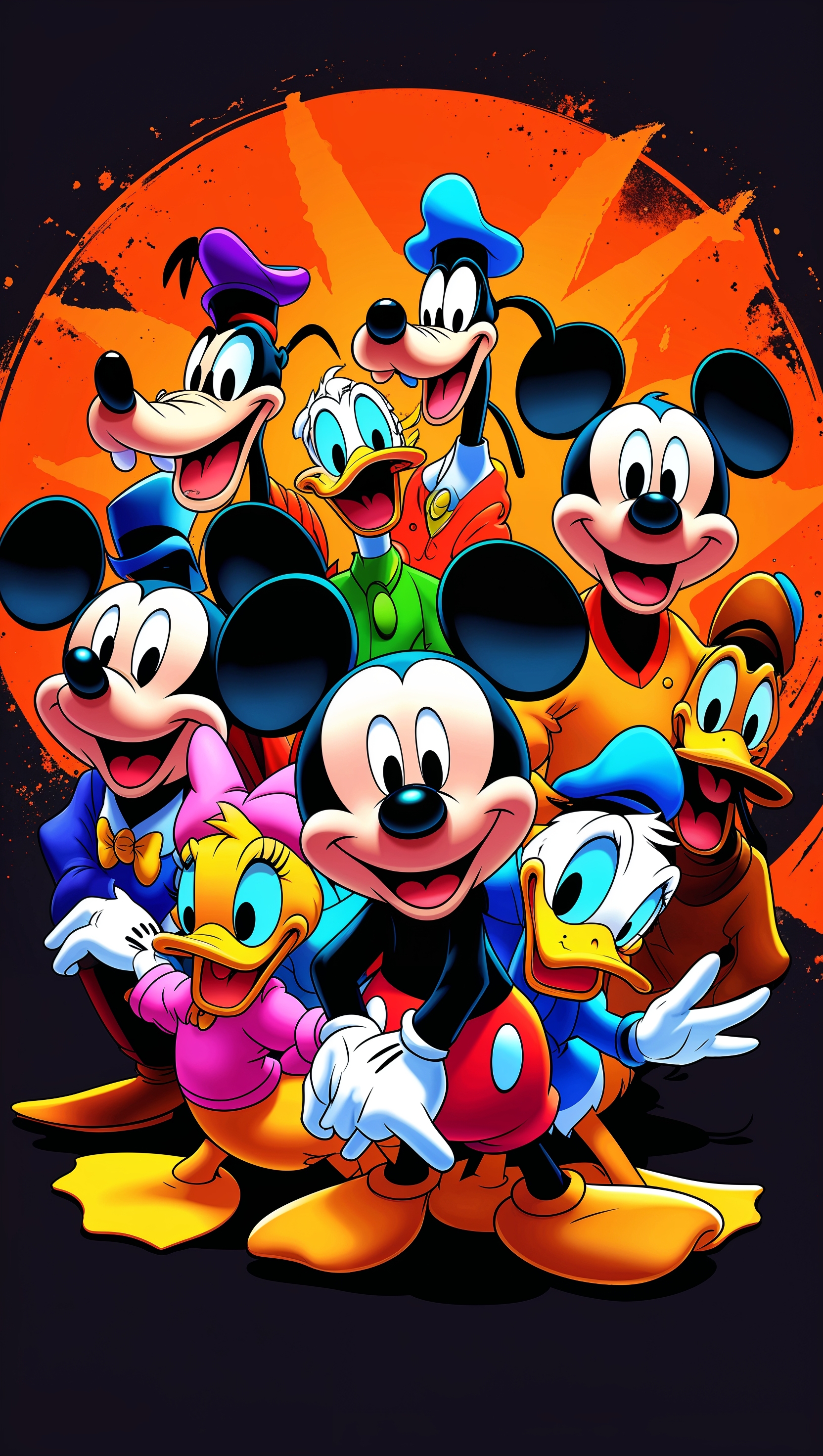 Disney characters with an orange and black background