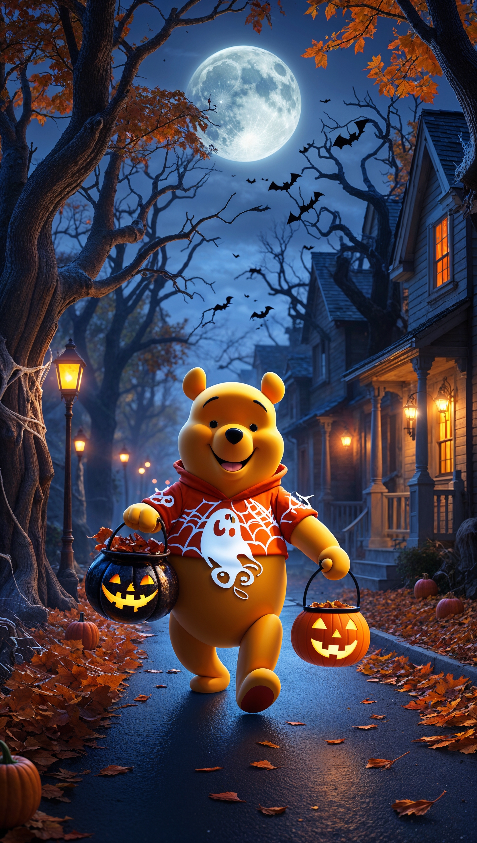 Winnie the Pooh trick-or-treating on a Halloween street