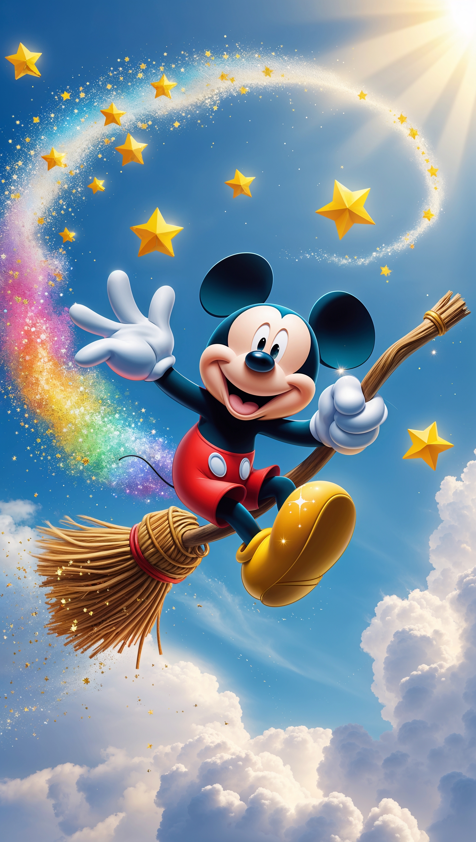 Mickey Mouse flying on a magic broomstick
