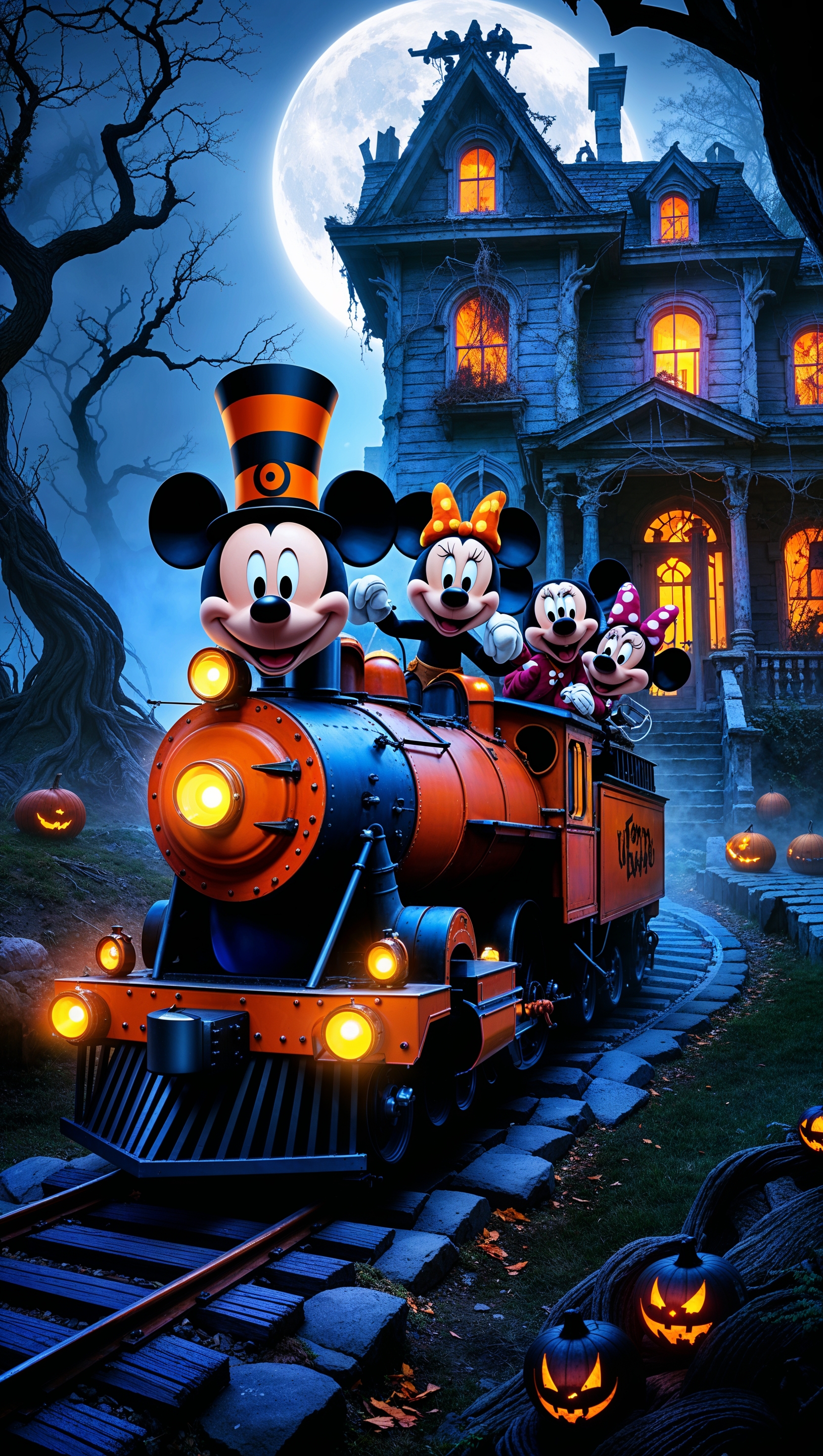 Mickey and friends on a spooky train heading to a haunted house