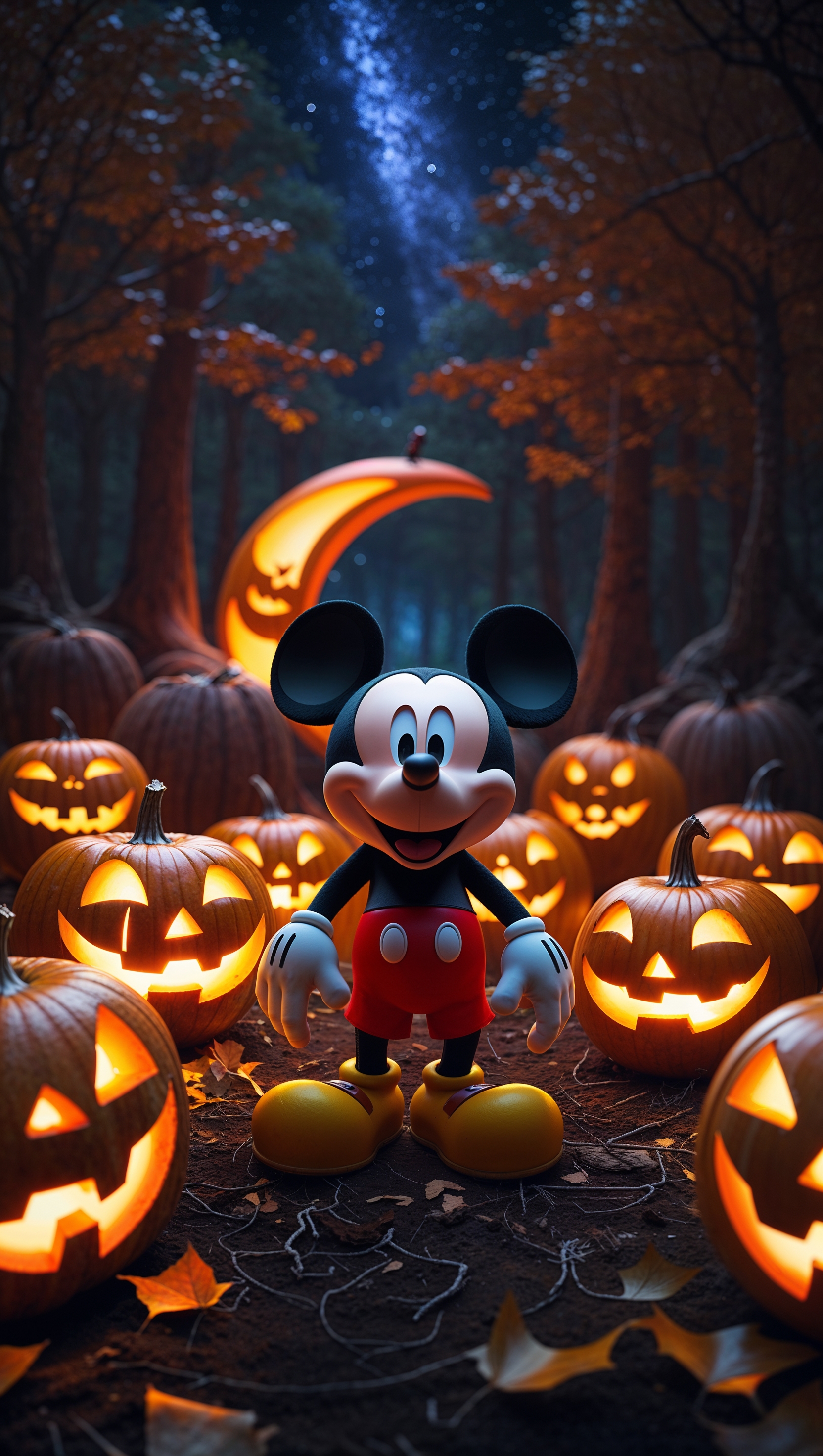 Mickey Mouse surrounded by glowing pumpkins at night