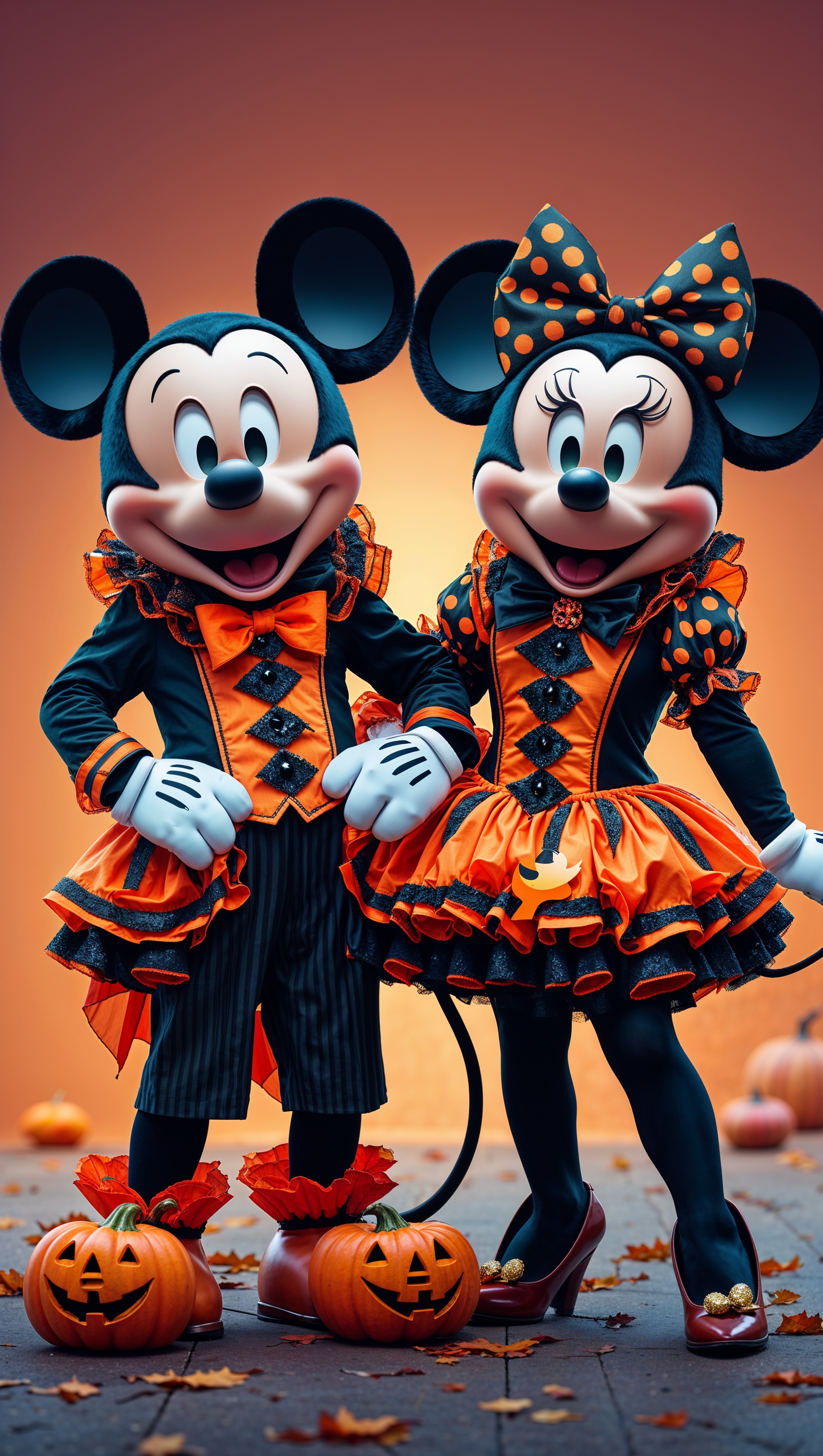 Mickey and Minnie Mouse in matching Halloween outfits