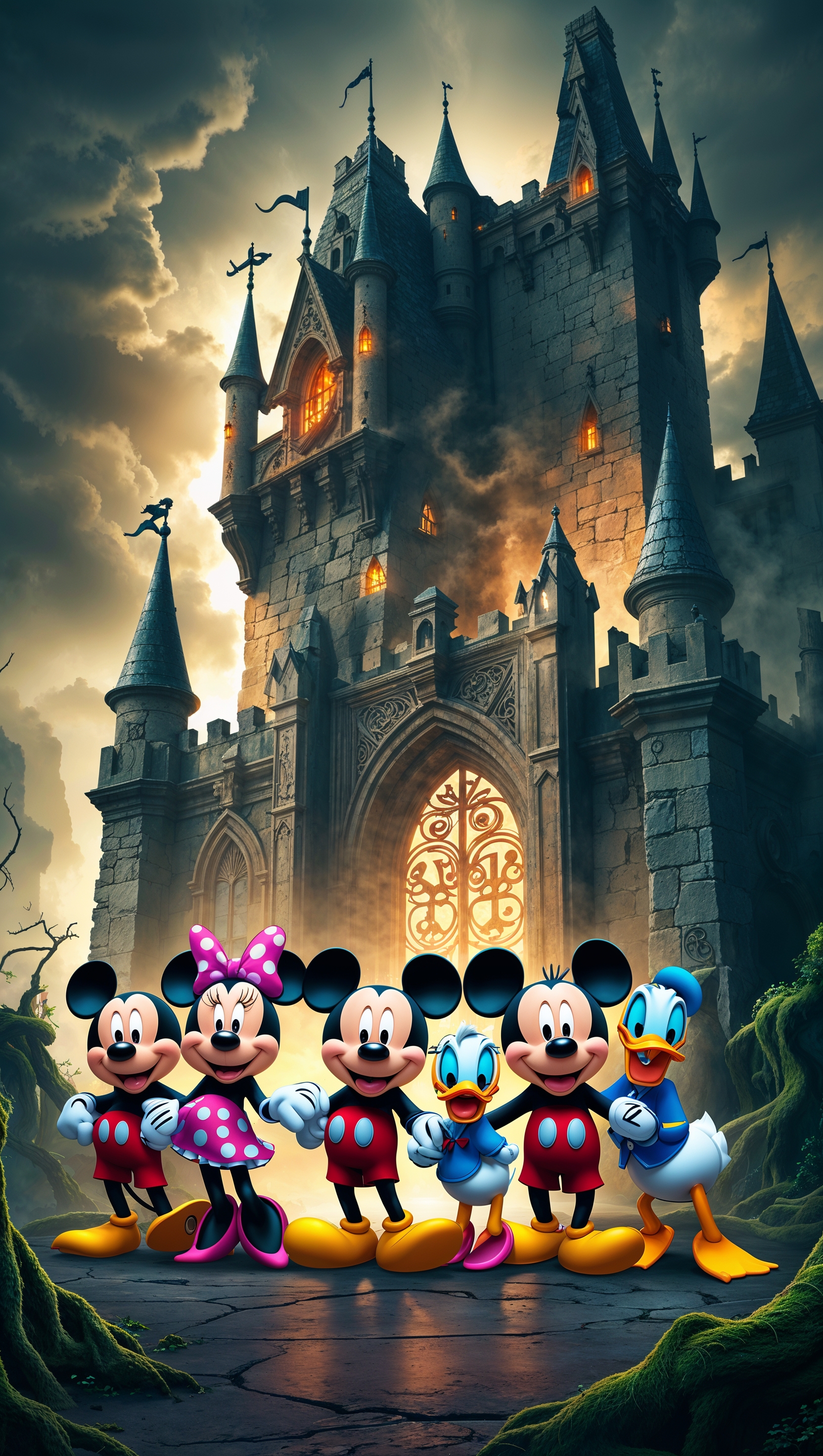 Disney characters next to a dark, mysterious castle