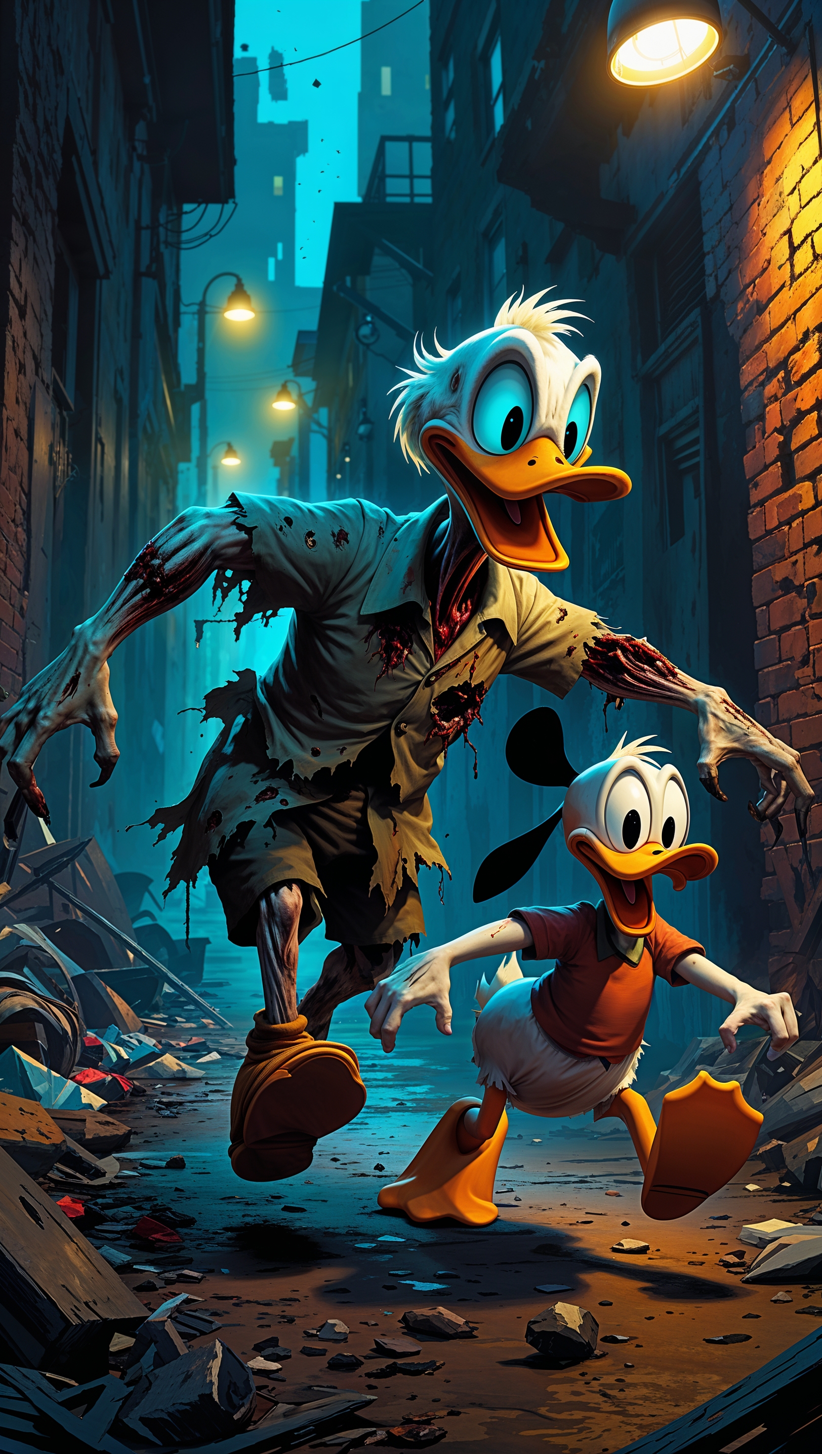 Donald Duck as a zombie chasing Goofy