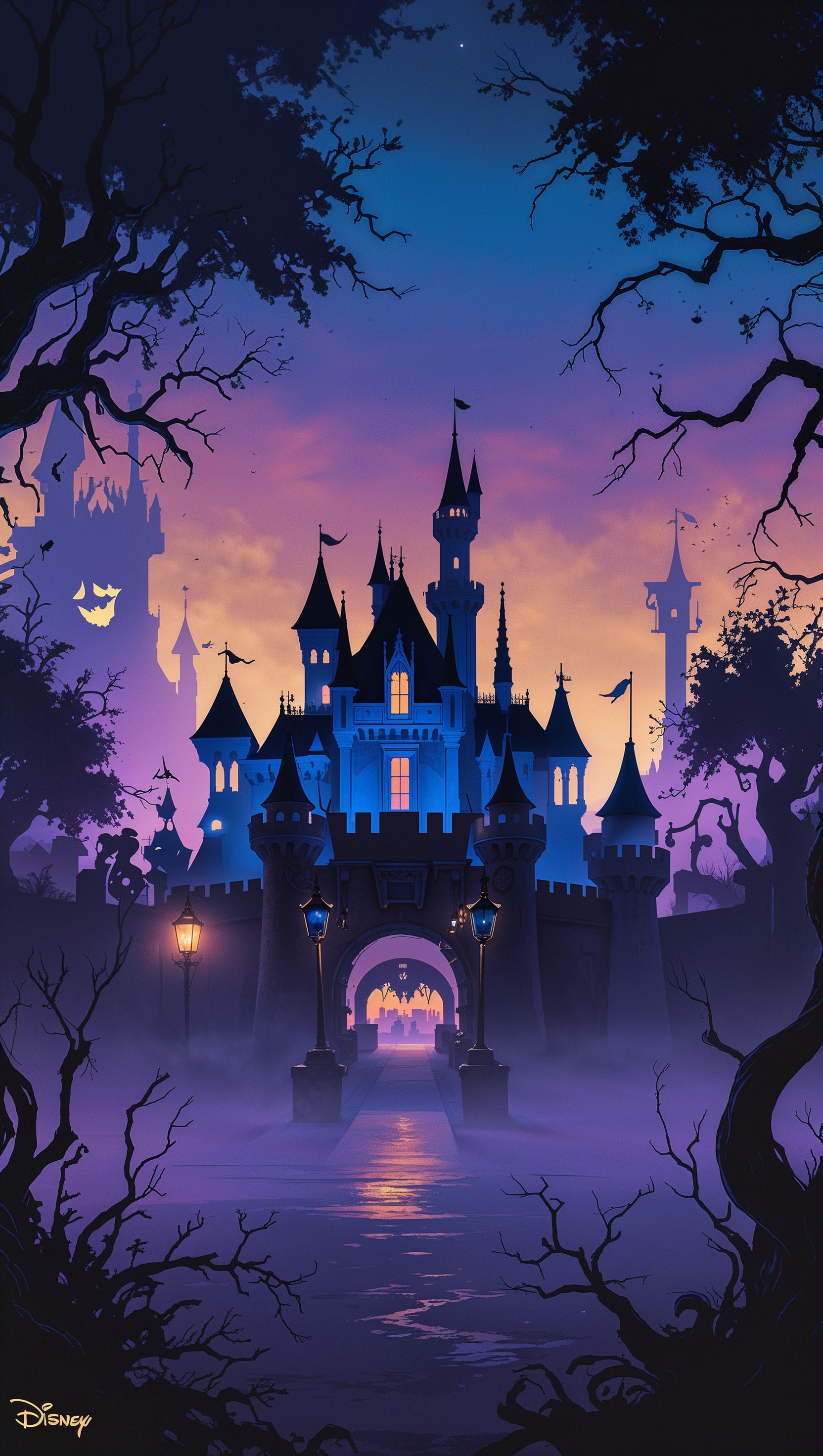 Graphic images of Disneyland with spooky atmosphere