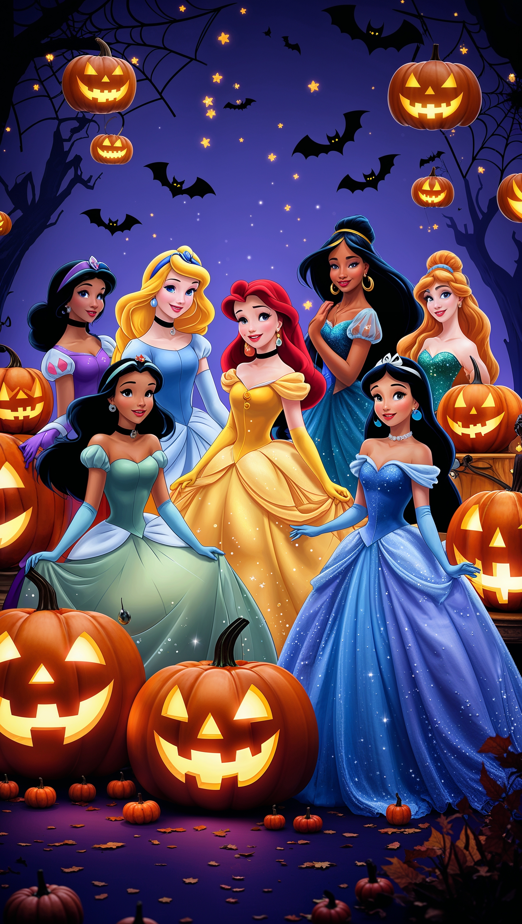 Disney princesses at a Halloween party with jack-o'-lanterns