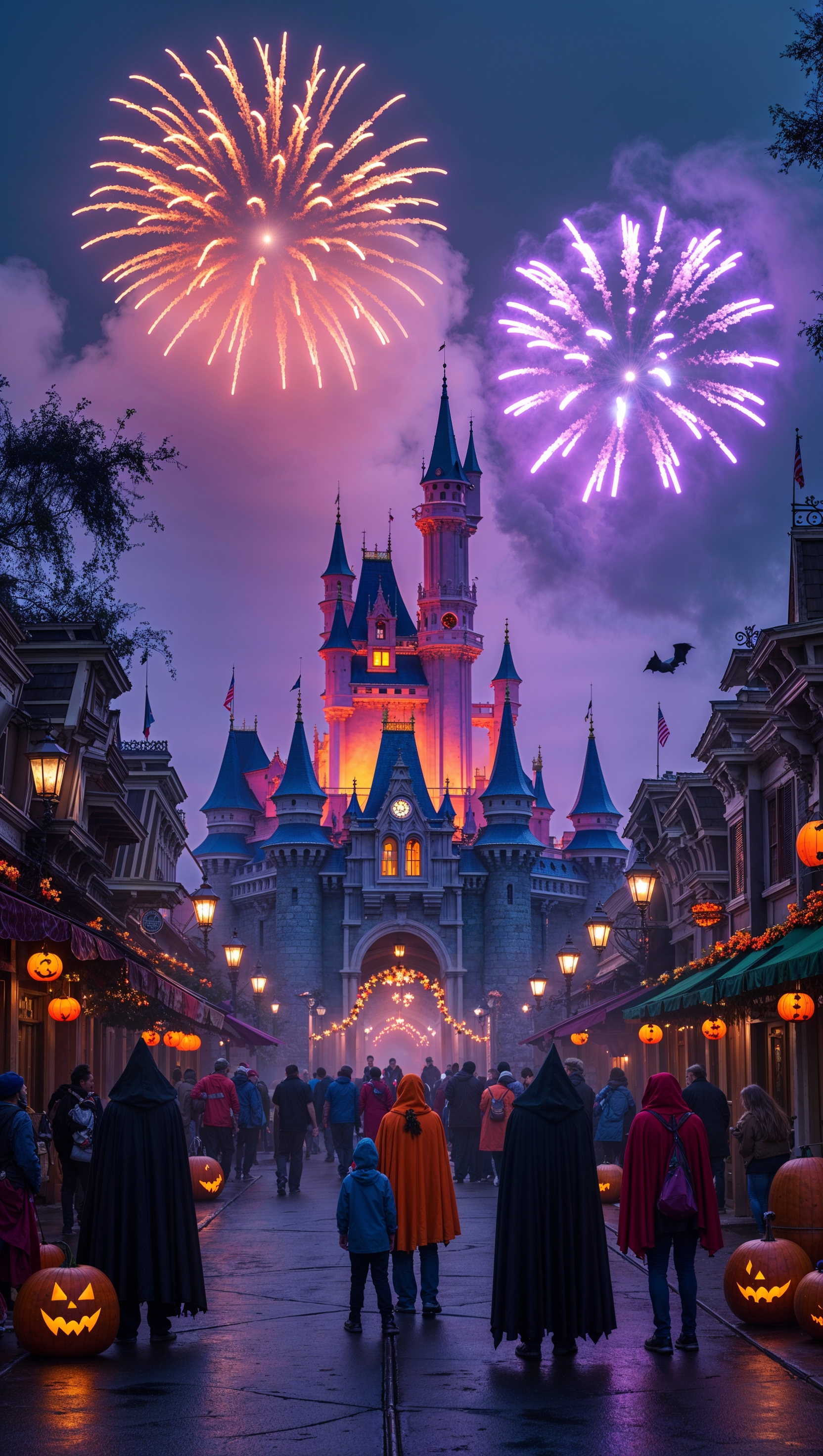 Disneyland with Halloween fireworks and spooky fog