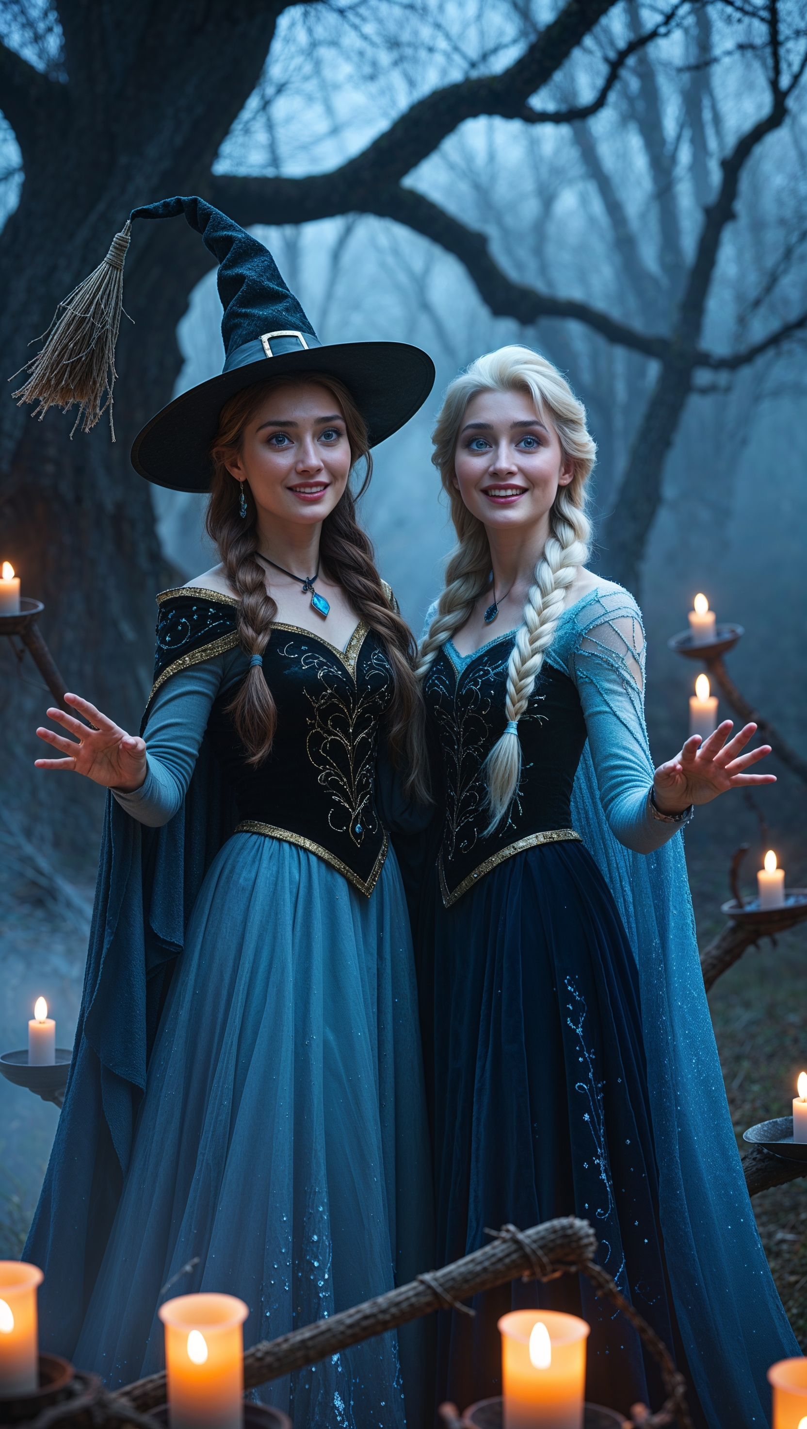 Anna and Elsa dressed as witches on a dark night