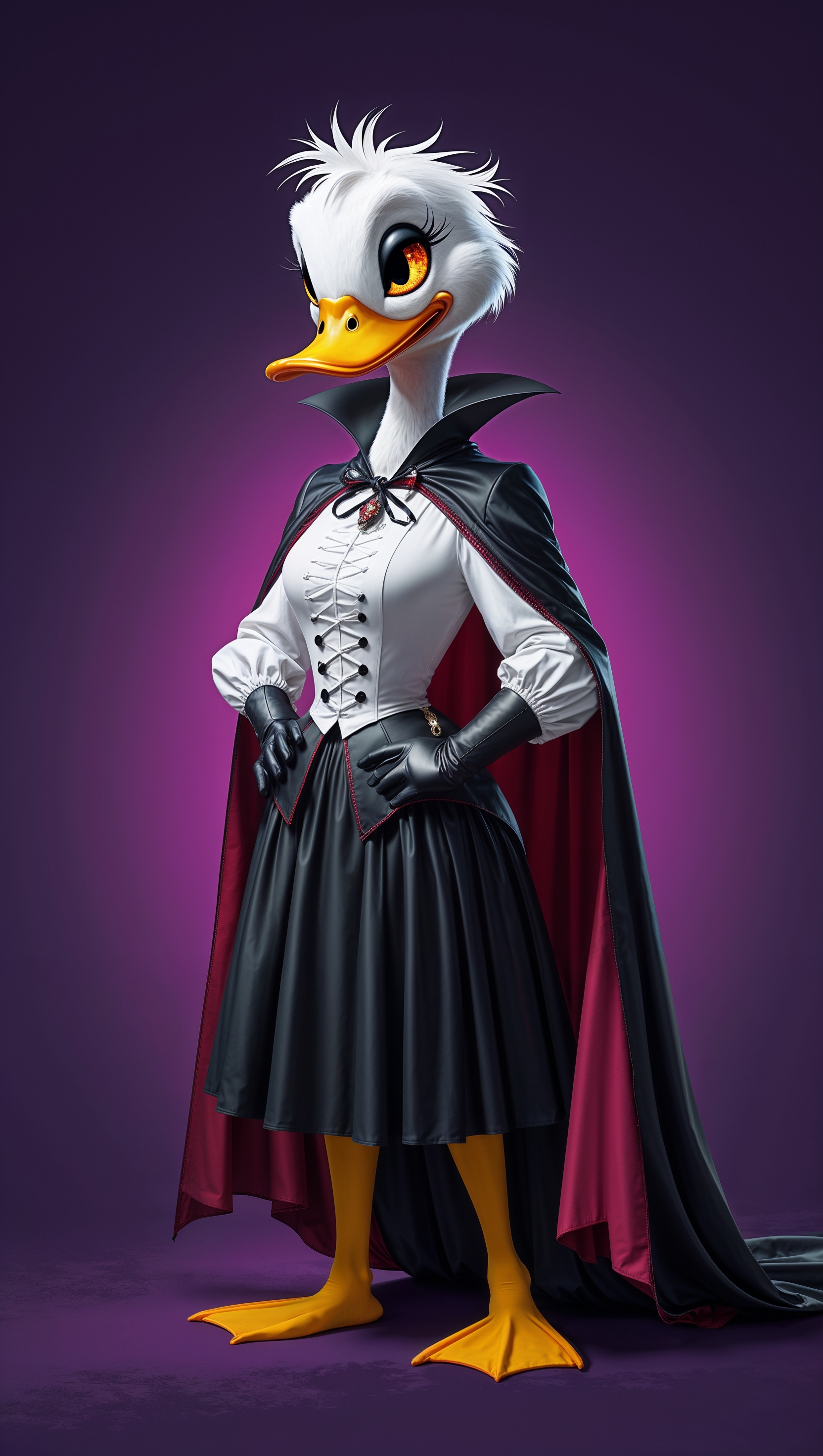 Daisy Duck in a vampire outfit on a purple background